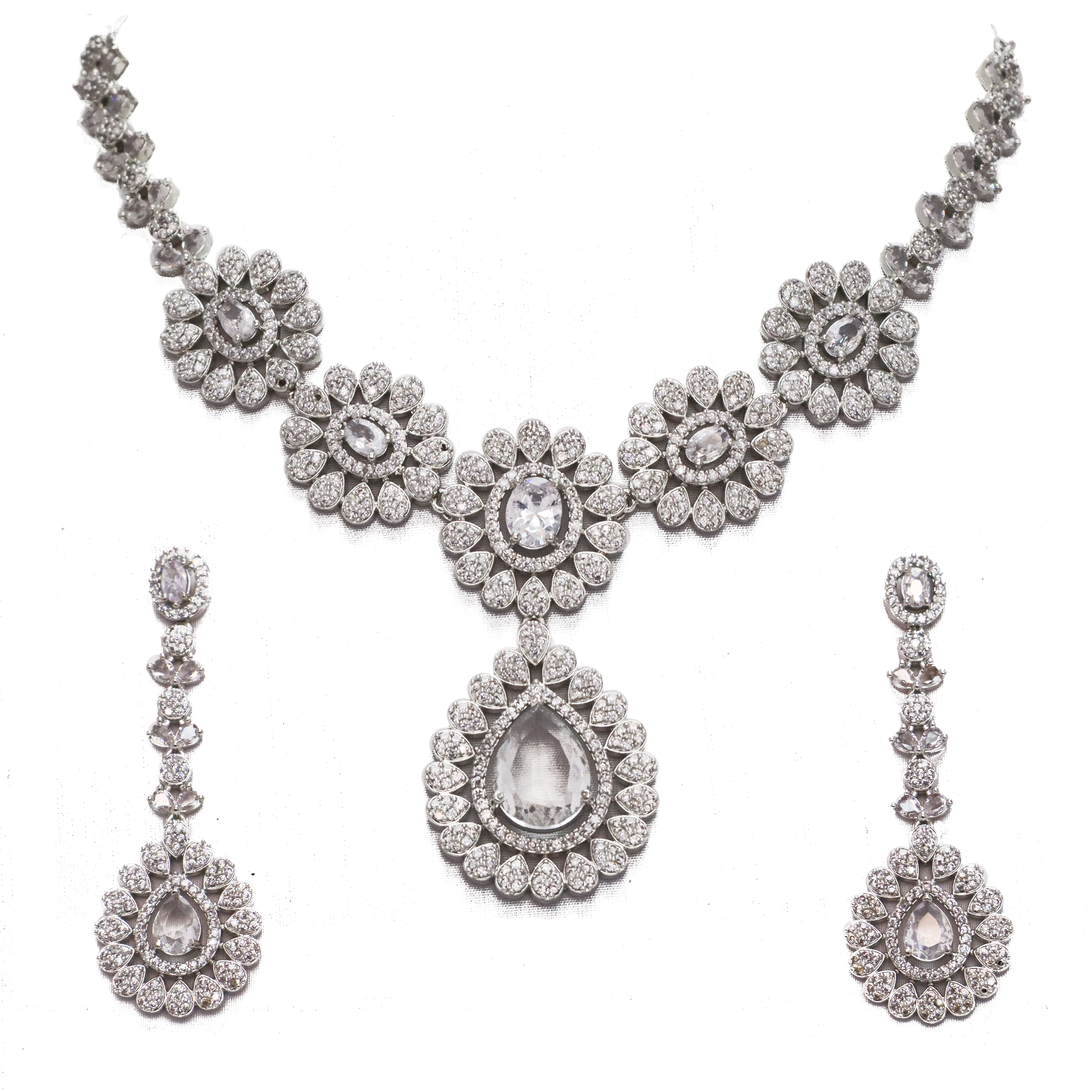 Floral American Diamond Necklace Set with Drop Earrings - Premium Silver Jewelry for Women