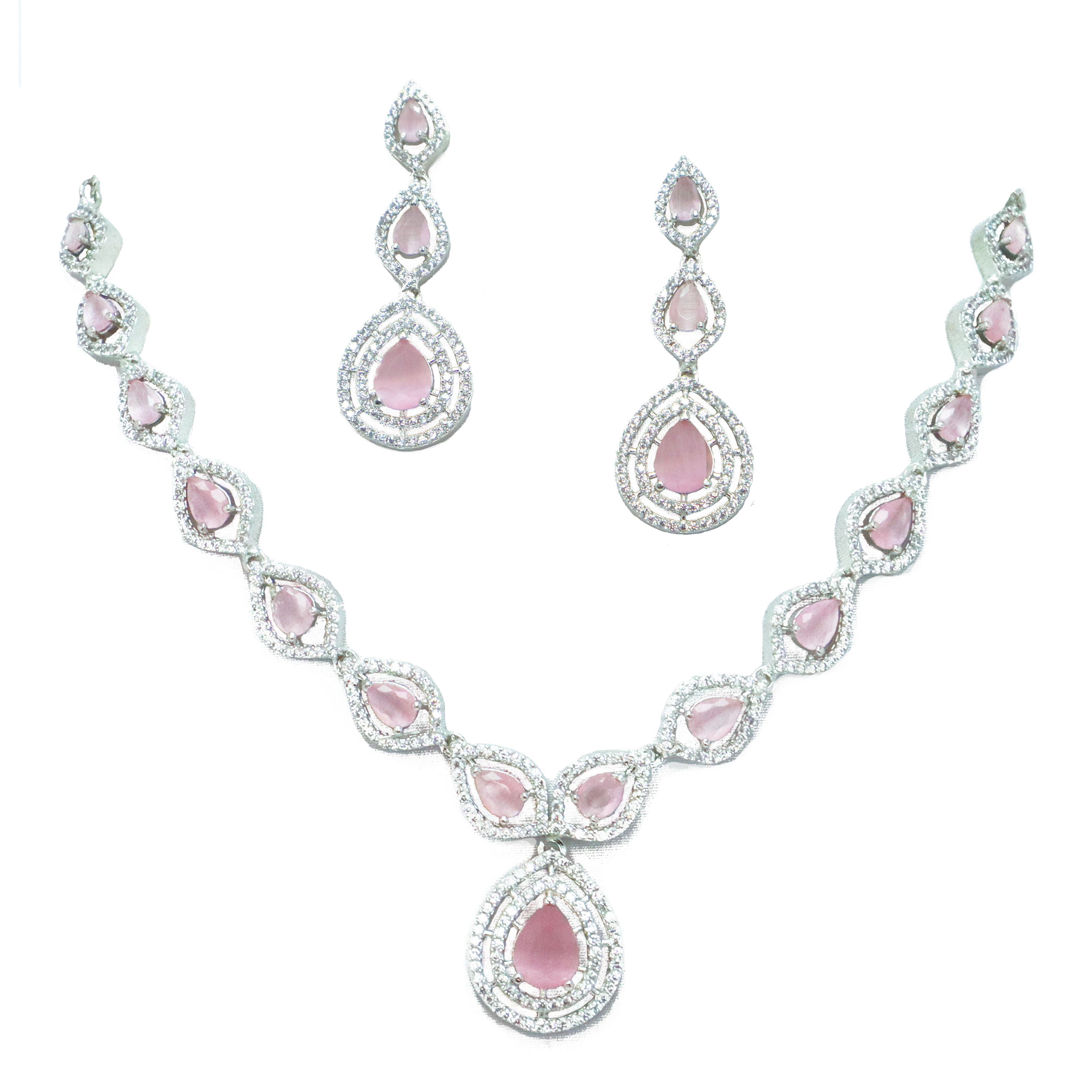 Pastel Pink Crystal Necklace Set with Earrings - Premium Silver Finish Jewelry for Women & Girls