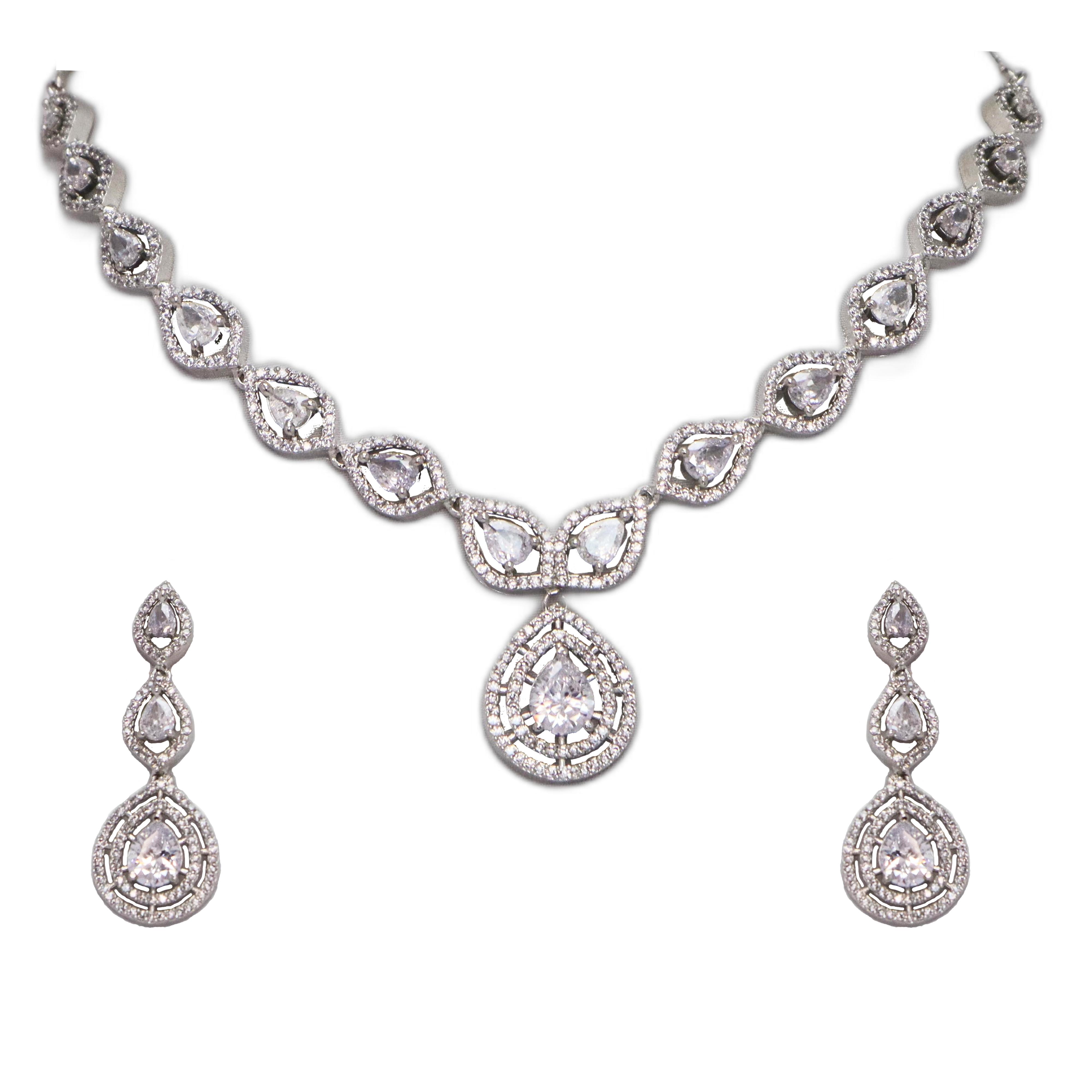 Sparkling AD Stone Necklace Set with Drop Earrings - Premium Silver Jewelry for Women & Girls