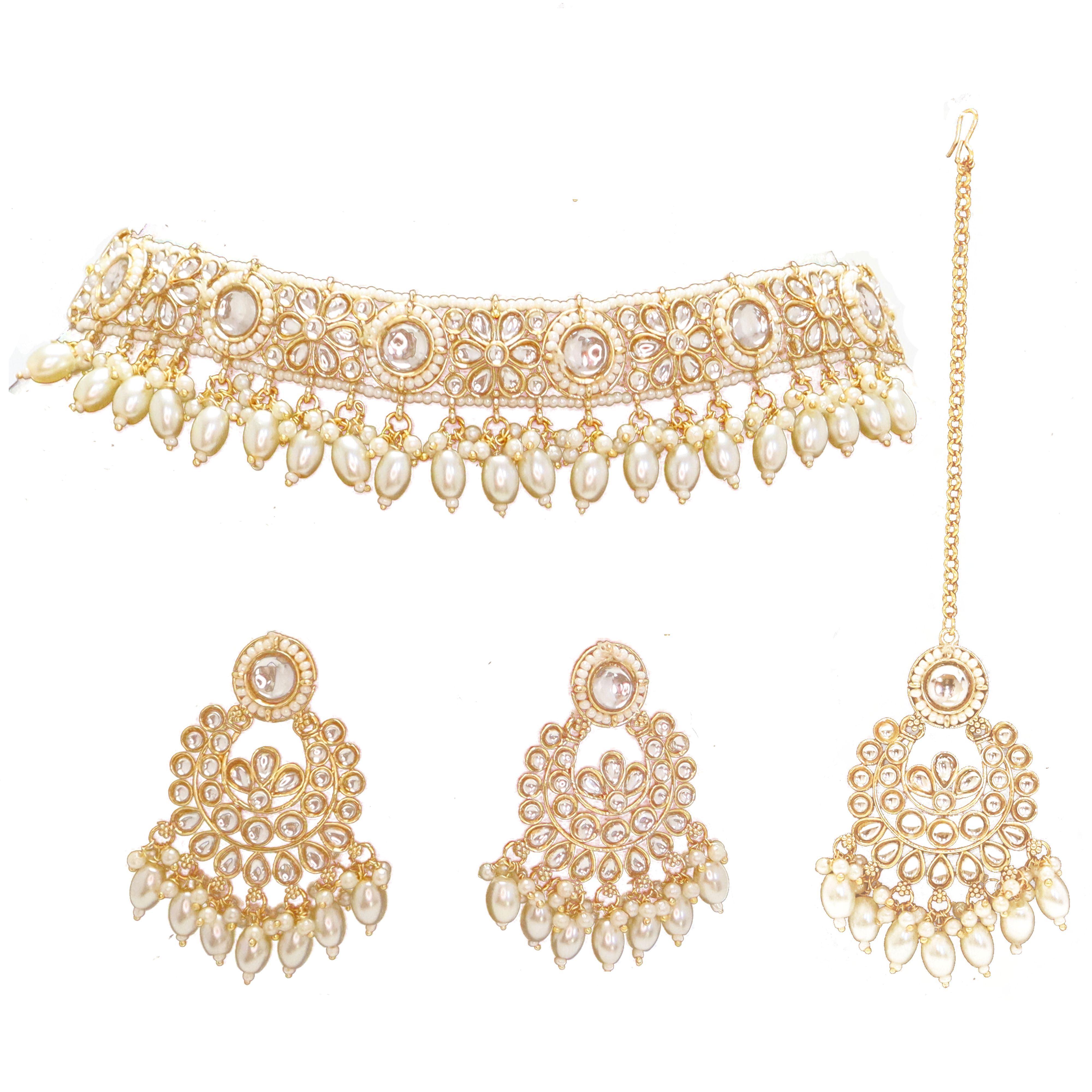 Kundan Pearl Necklace Set with Earrings & Mang Tika - Traditional Golden Finish Jewelry for Women