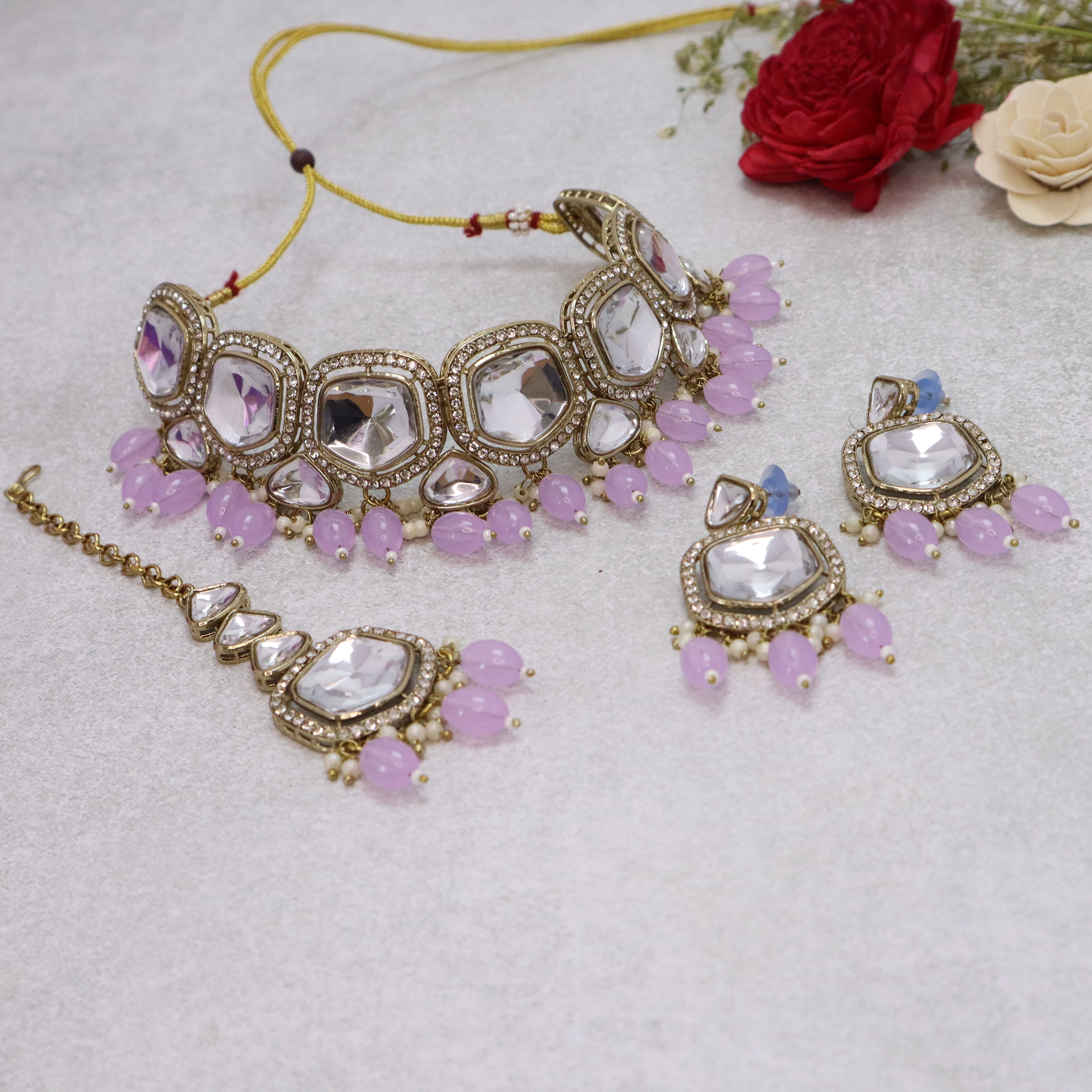 Kundan Choker Necklace Set with Light Purple Beads, Earrings & Mang Tika - Premium Gold Finish Jewelry for Women