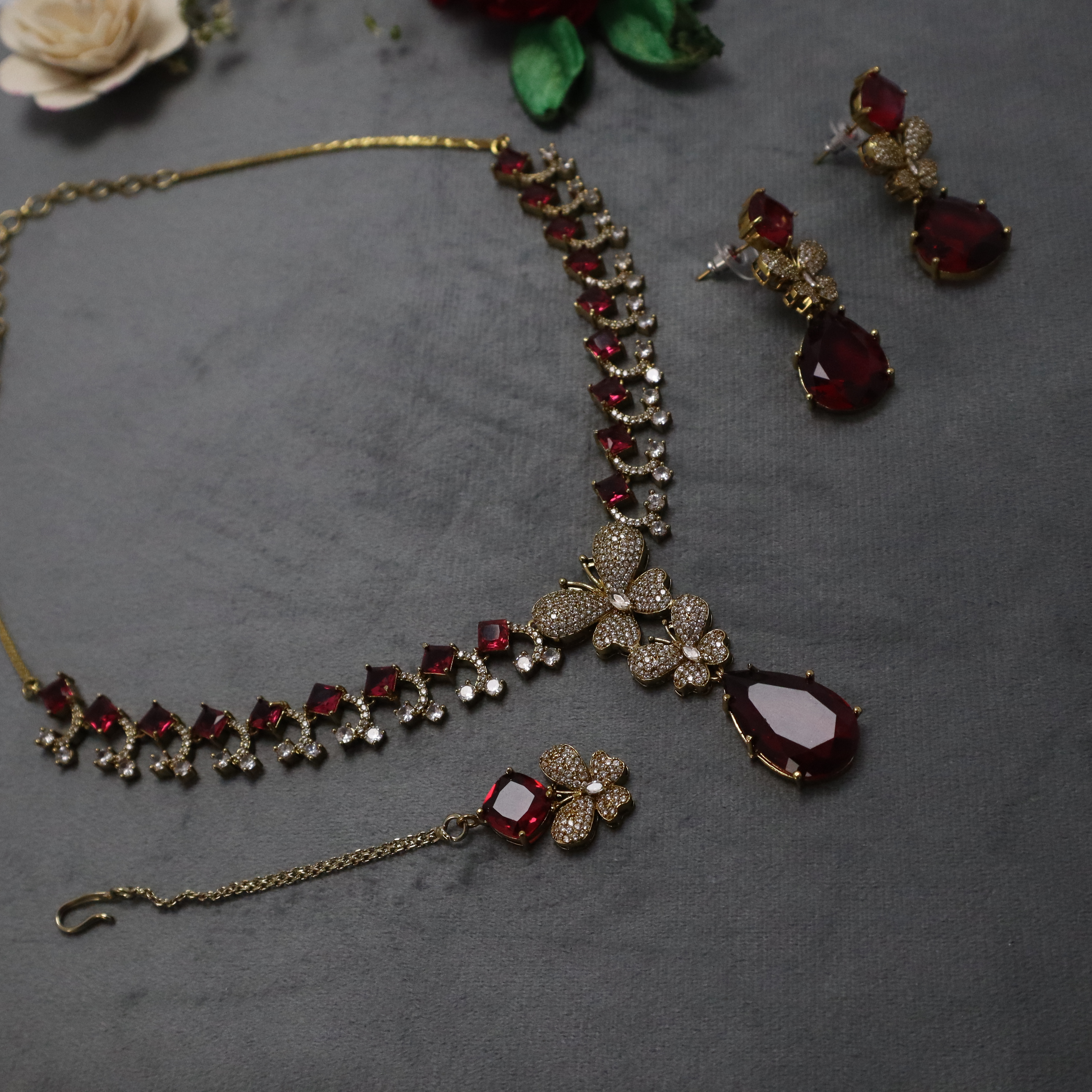 Elegant Ruby and Gold Plated Jewelry Set