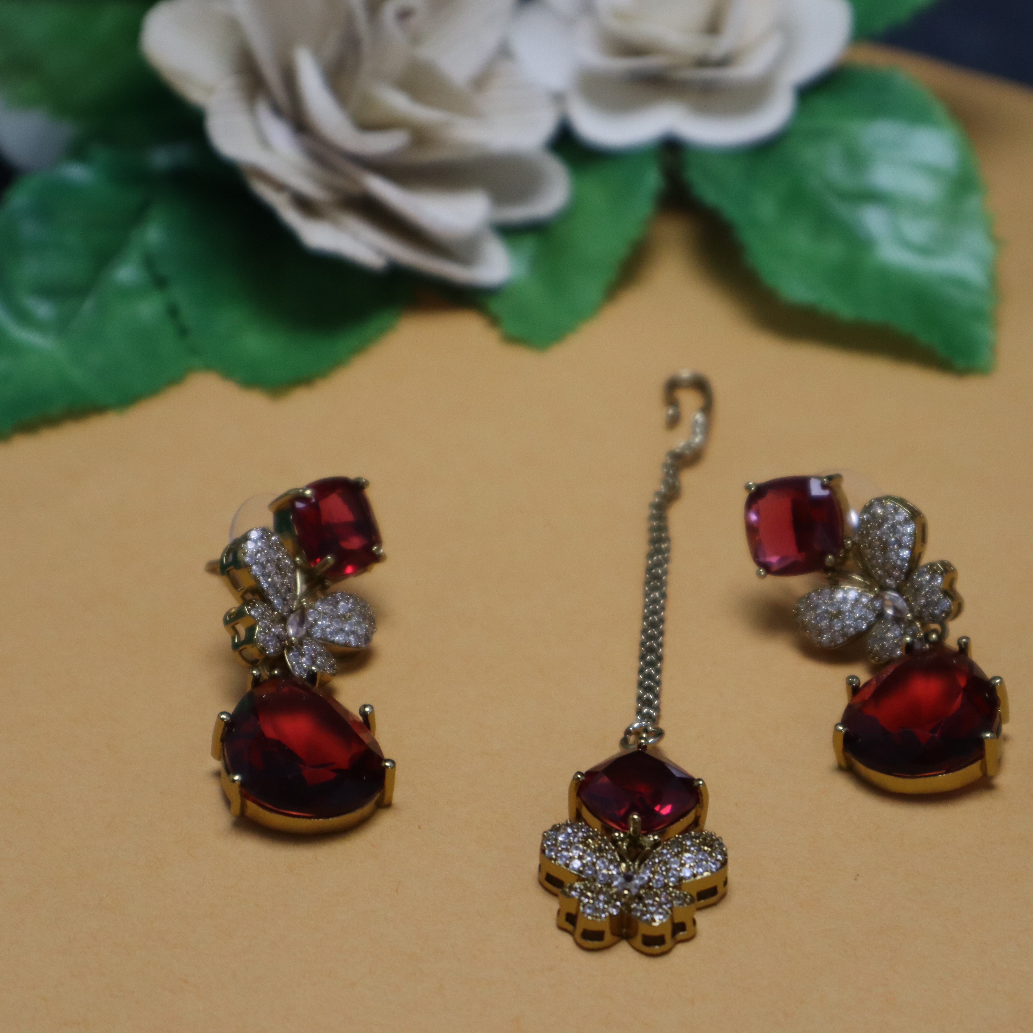 Elegant Ruby and Gold Plated Jewelry Set