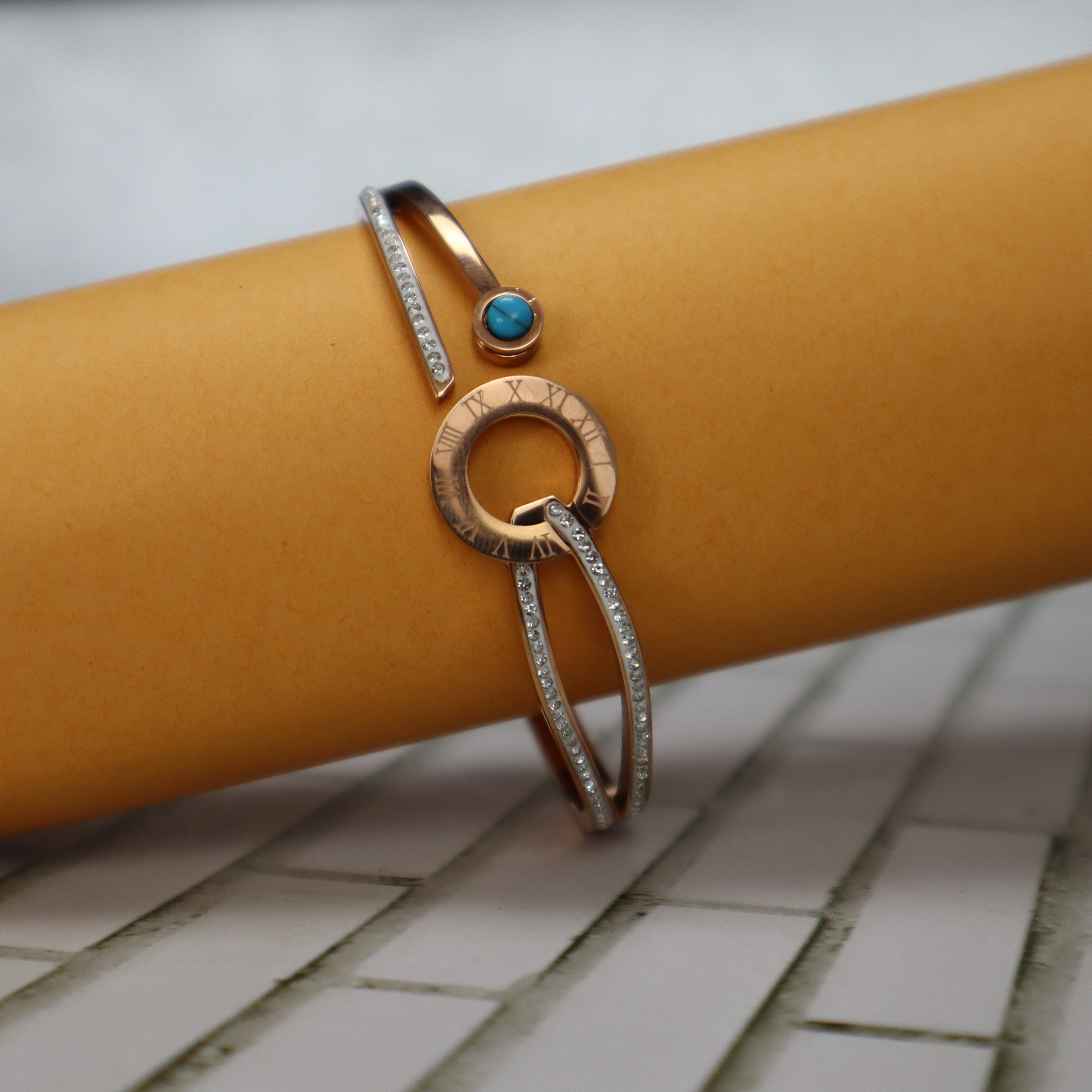 Rose Gold Roman Numeral Bracelet for Women & Girls - Adjustable Bangle