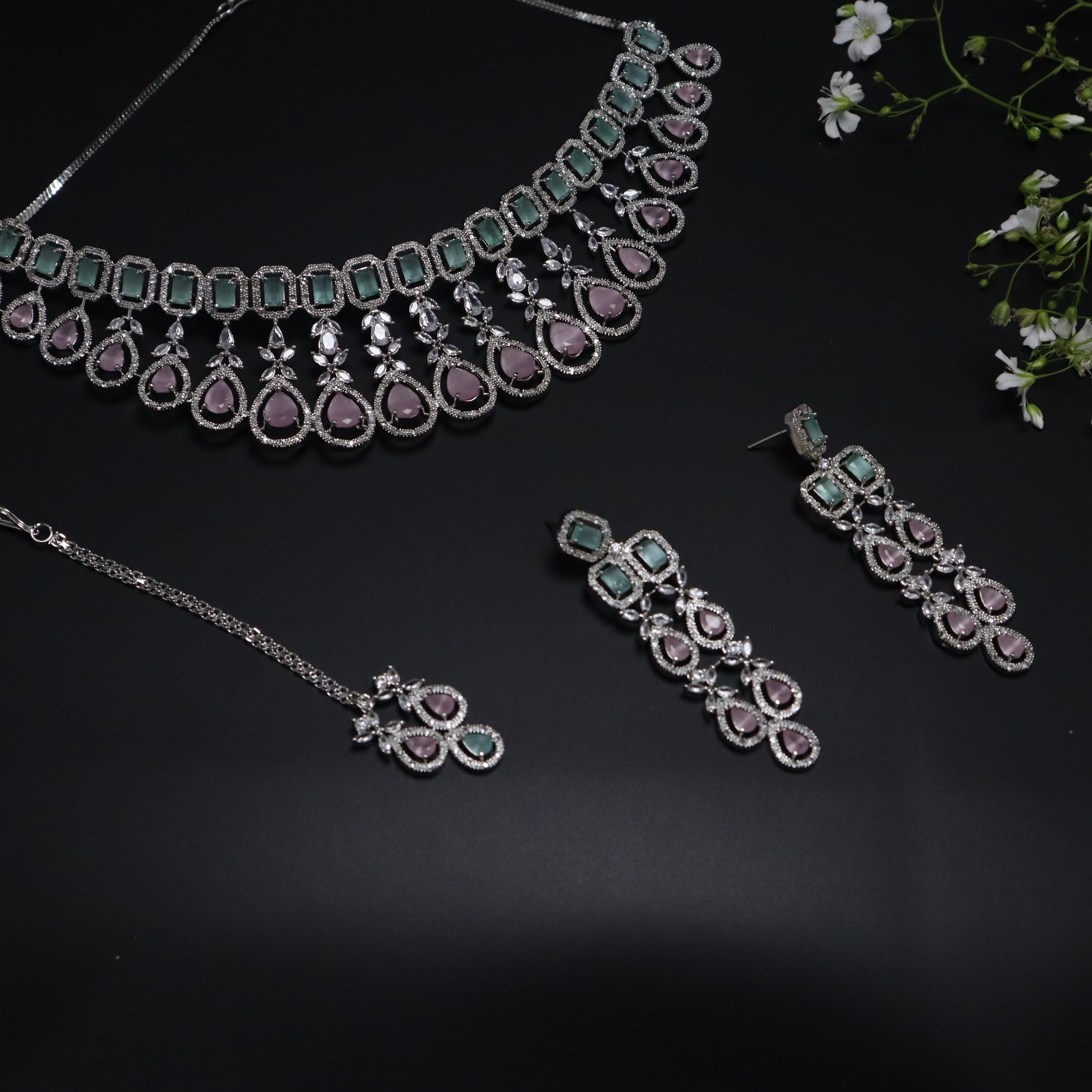 AD Stone Necklace Set with Earrings & Mang Tika - Premium Pestle Pink & Mint Green Jewelry for Women