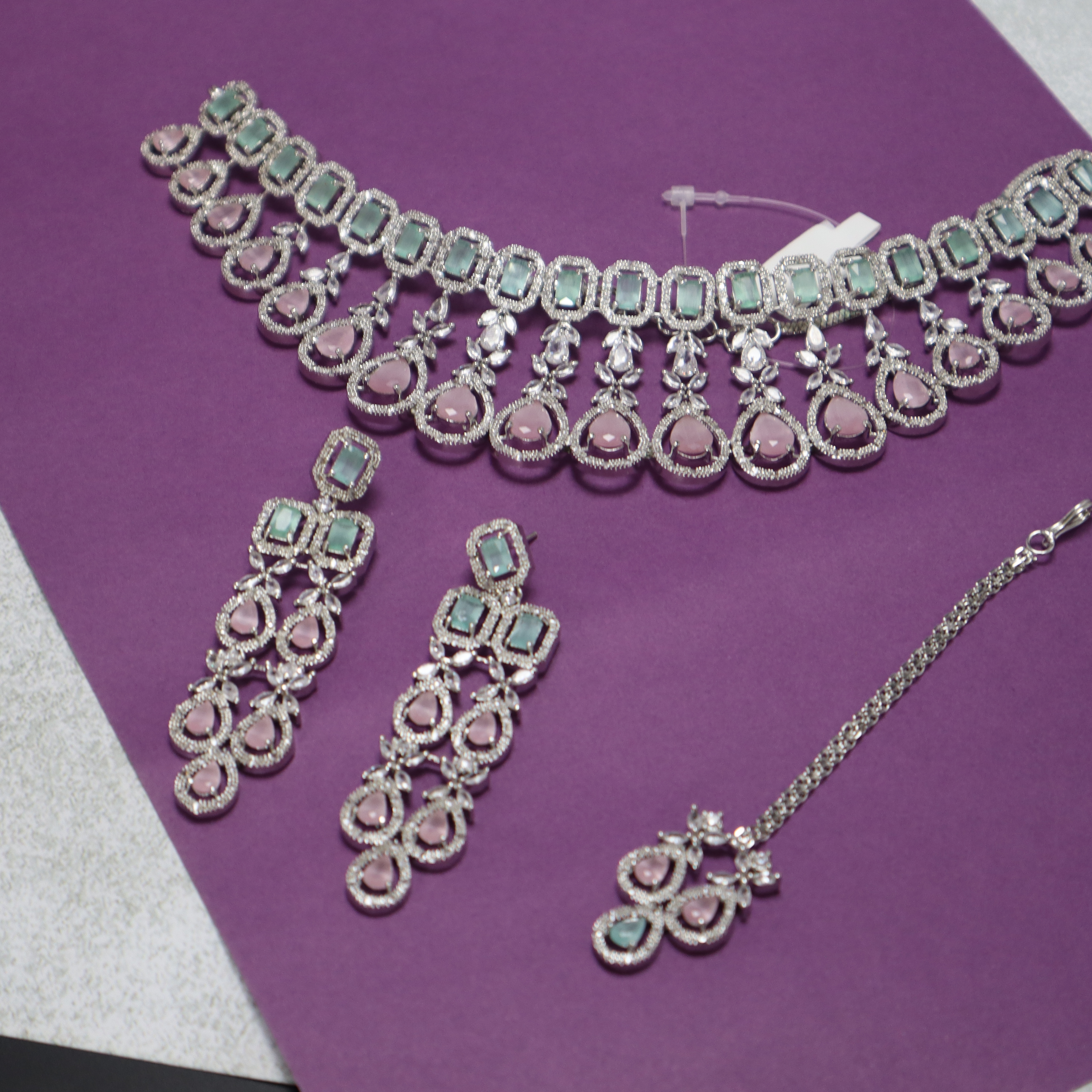 AD Stone Necklace Set with Earrings & Mang Tika - Premium Pestle Pink & Mint Green Jewelry for Women
