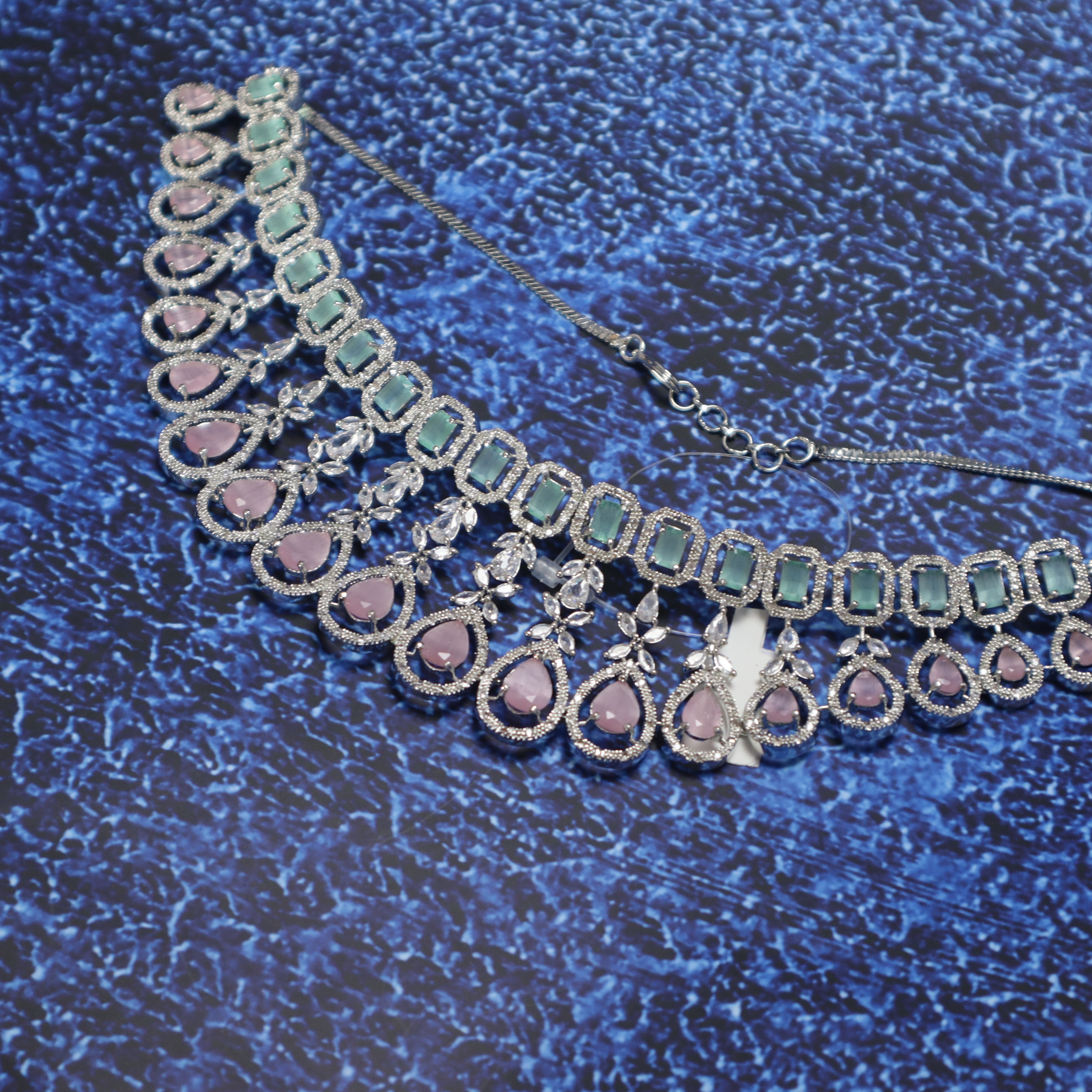 AD Stone Necklace Set with Earrings & Mang Tika - Premium Pestle Pink & Mint Green Jewelry for Women