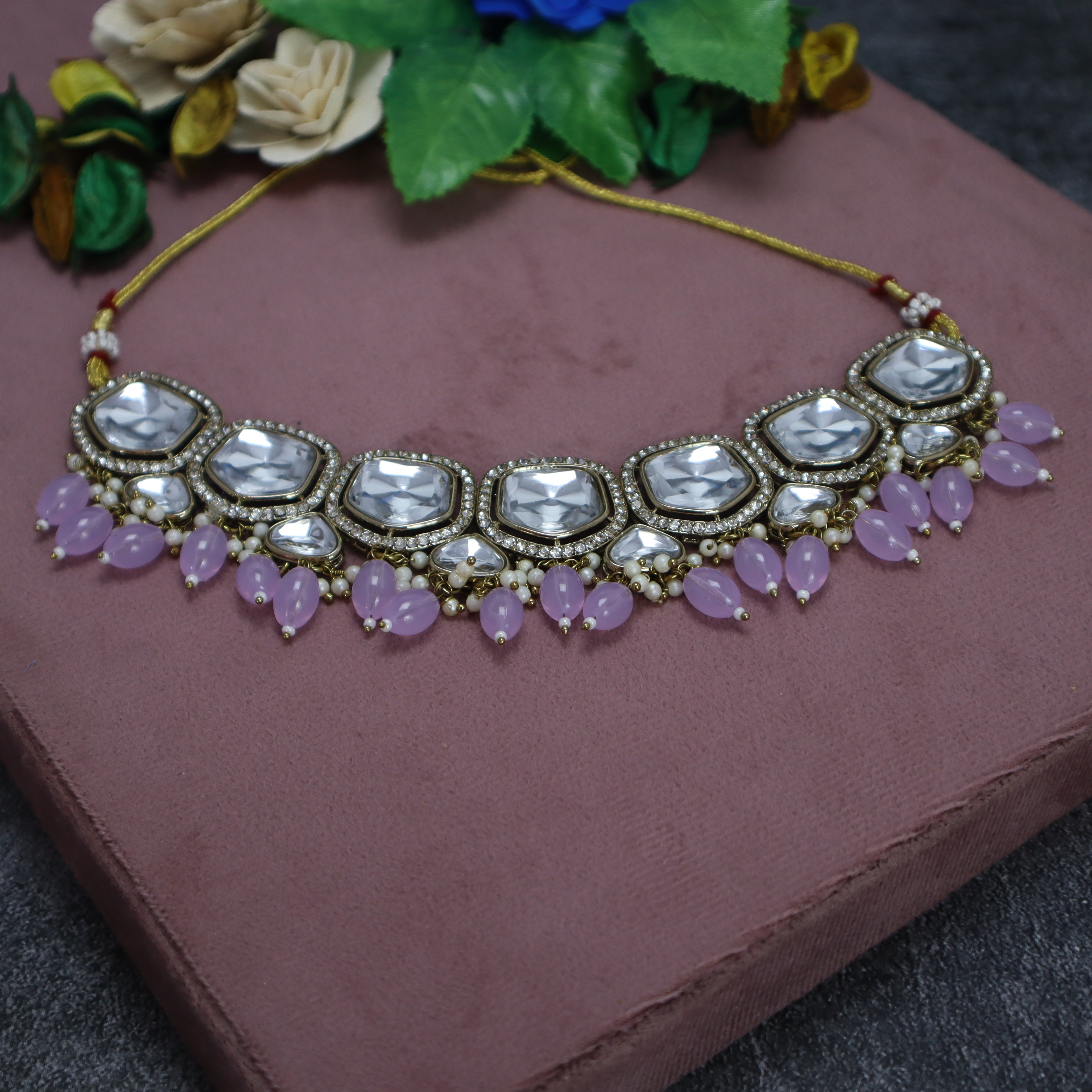 Kundan Choker Necklace Set with Light Purple Beads, Earrings & Mang Tika - Premium Gold Finish Jewelry for Women