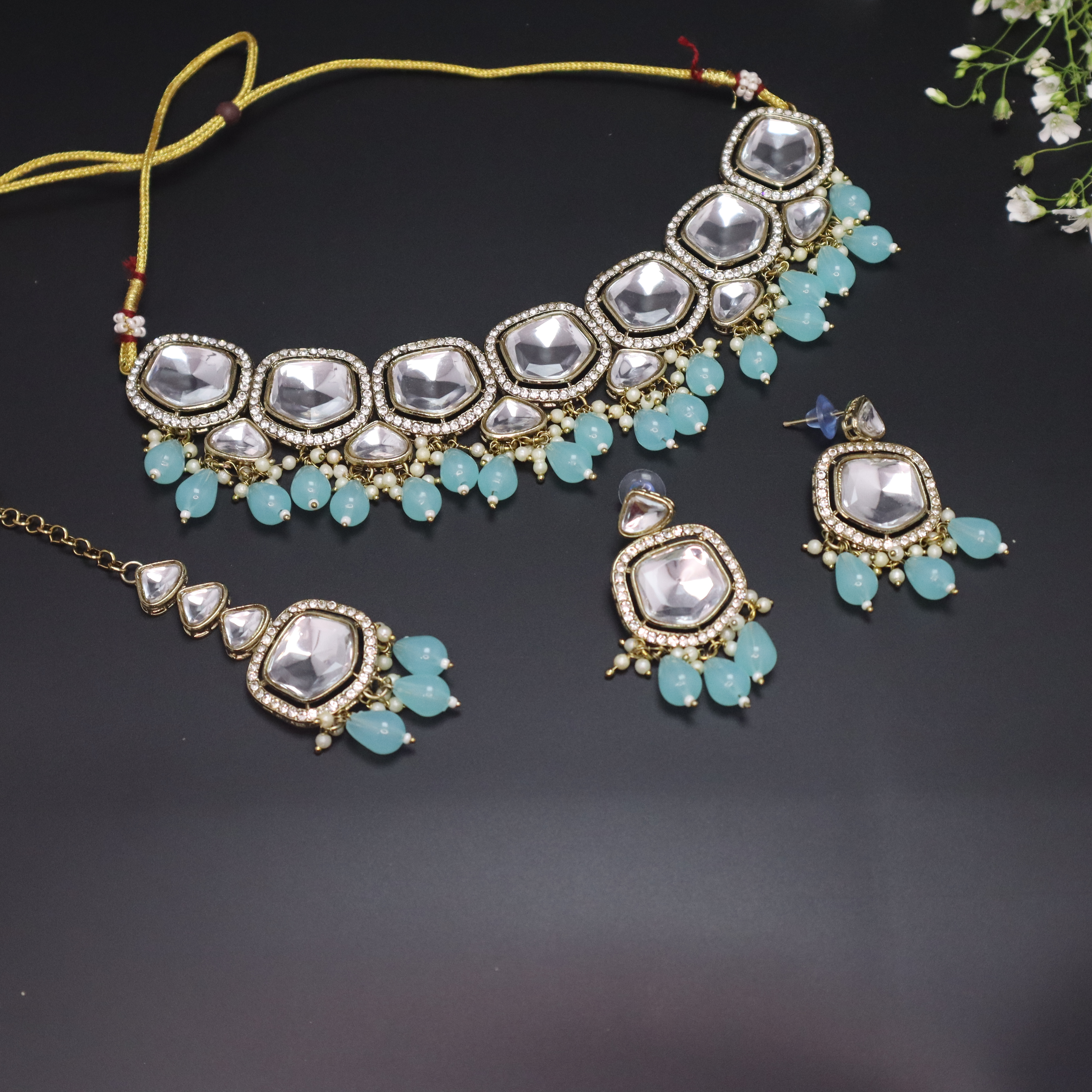 Kundan Choker Necklace Set with Light Blue Beads, Earrings & Mang Tika - Premium Gold Finish Jewelry for Women