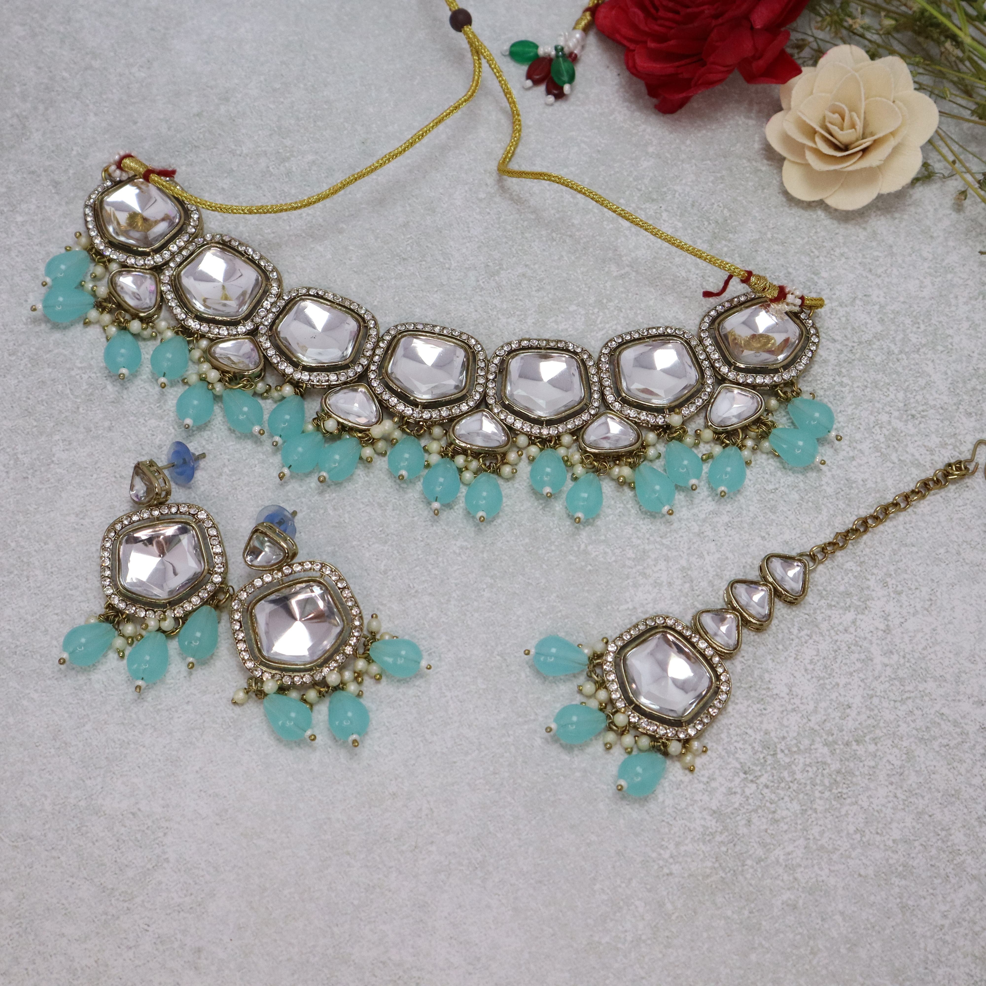 Kundan Choker Necklace Set with Light Blue Beads, Earrings & Mang Tika - Premium Gold Finish Jewelry for Women