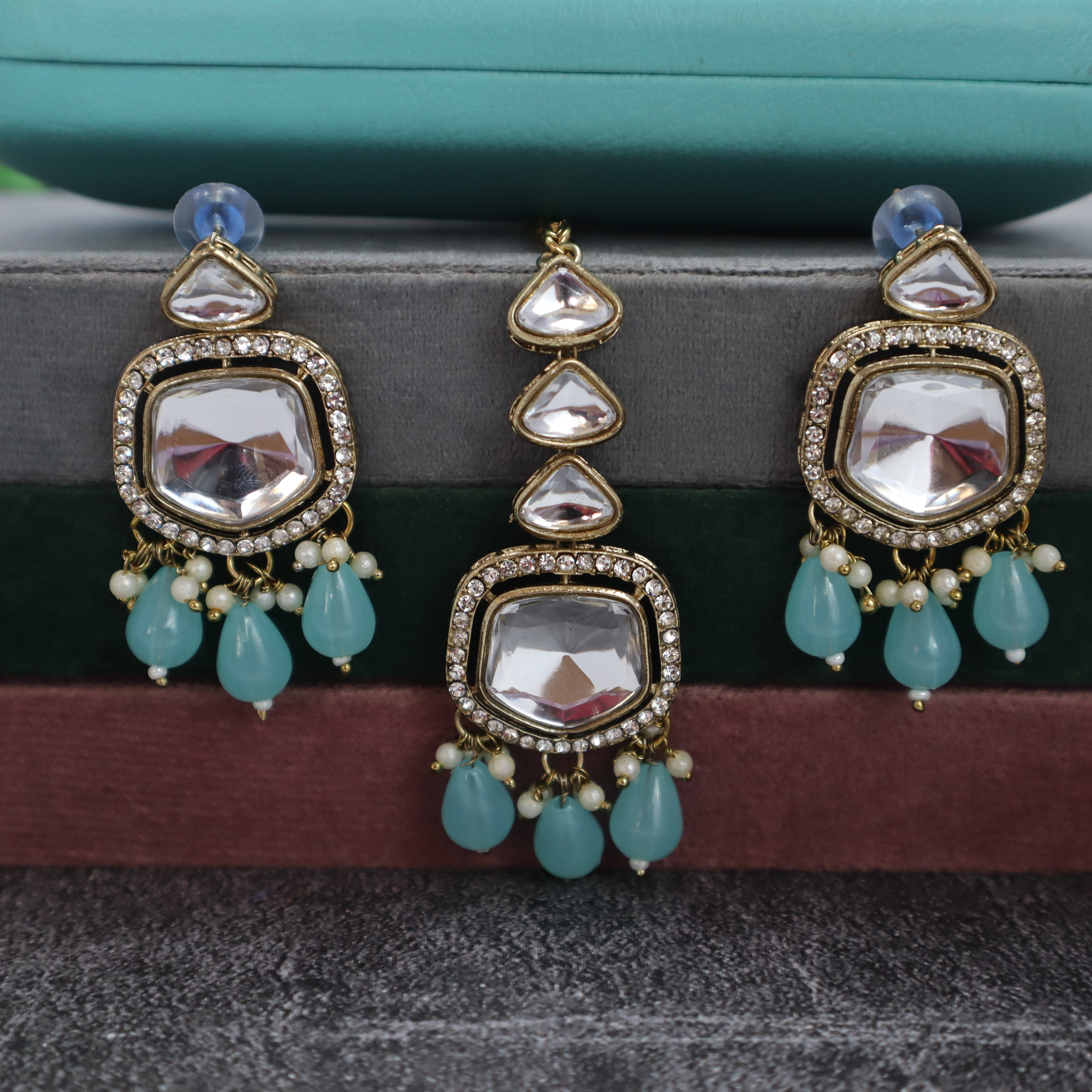 Kundan Choker Necklace Set with Light Blue Beads, Earrings & Mang Tika - Premium Gold Finish Jewelry for Women