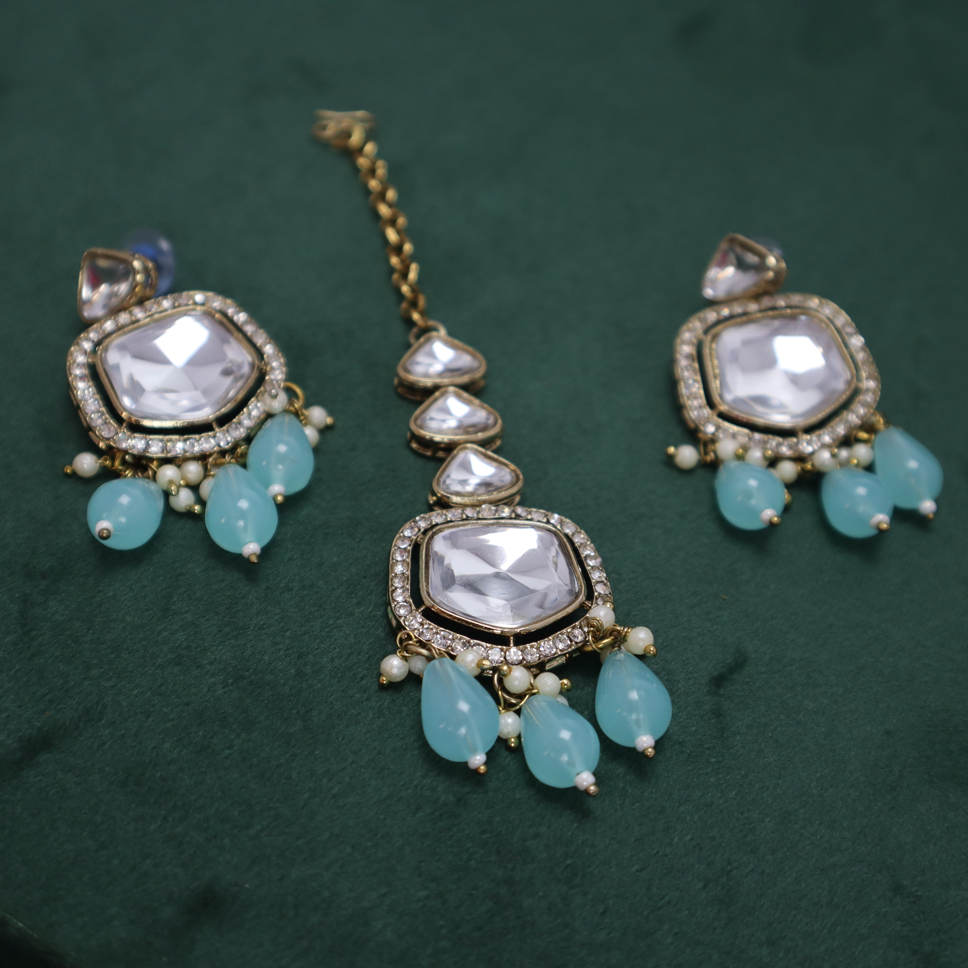 Kundan Choker Necklace Set with Light Blue Beads, Earrings & Mang Tika - Premium Gold Finish Jewelry for Women