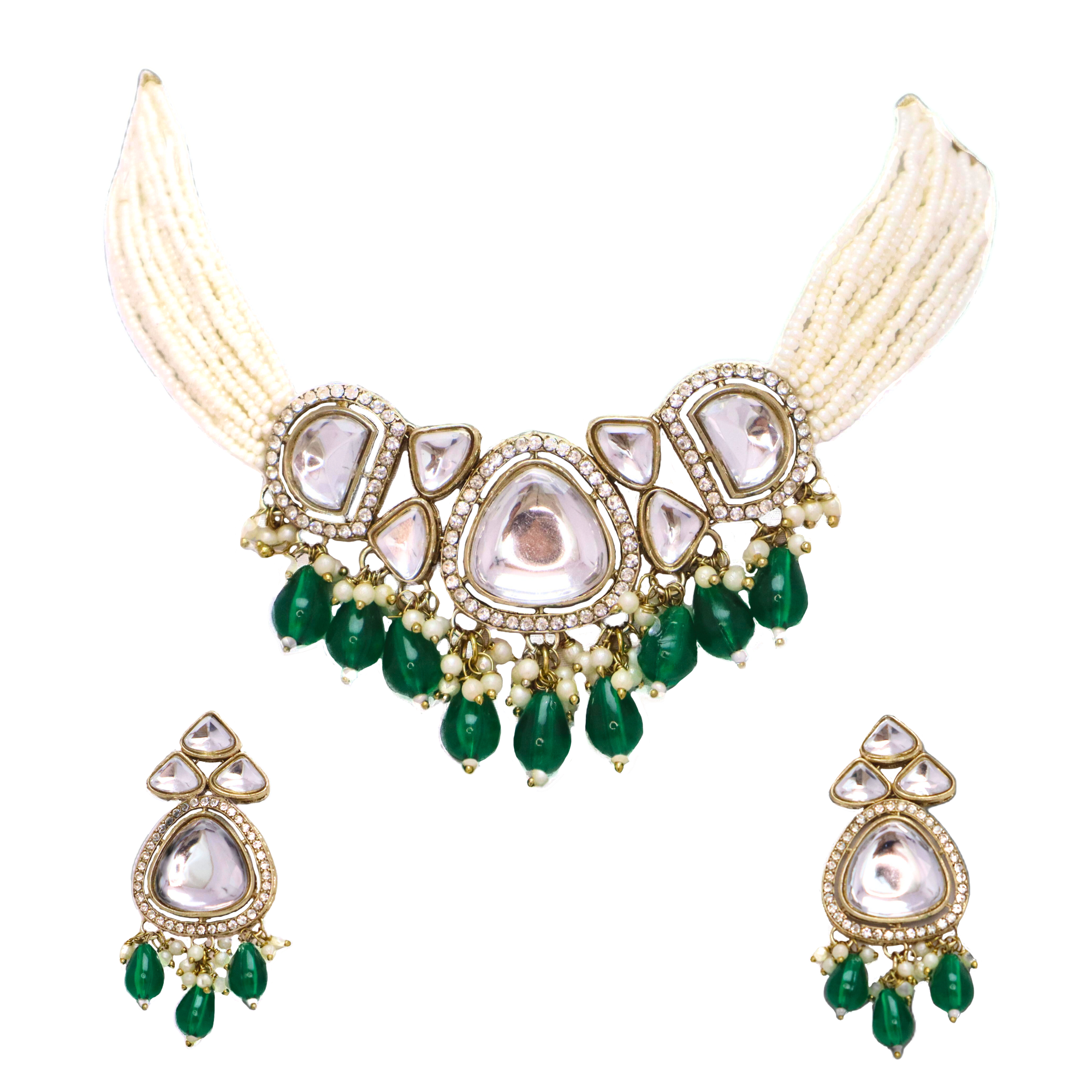 Kundan Choker Necklace Set with Dark Green Beads & Earrings - Premium Gold Finish Jewelry for Women