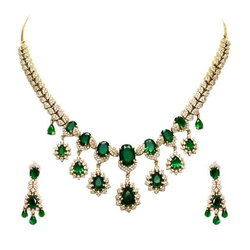 Emerald Green AD Stone Necklace Set with Earrings - Premium Mehndi Finish Jewelry for Women