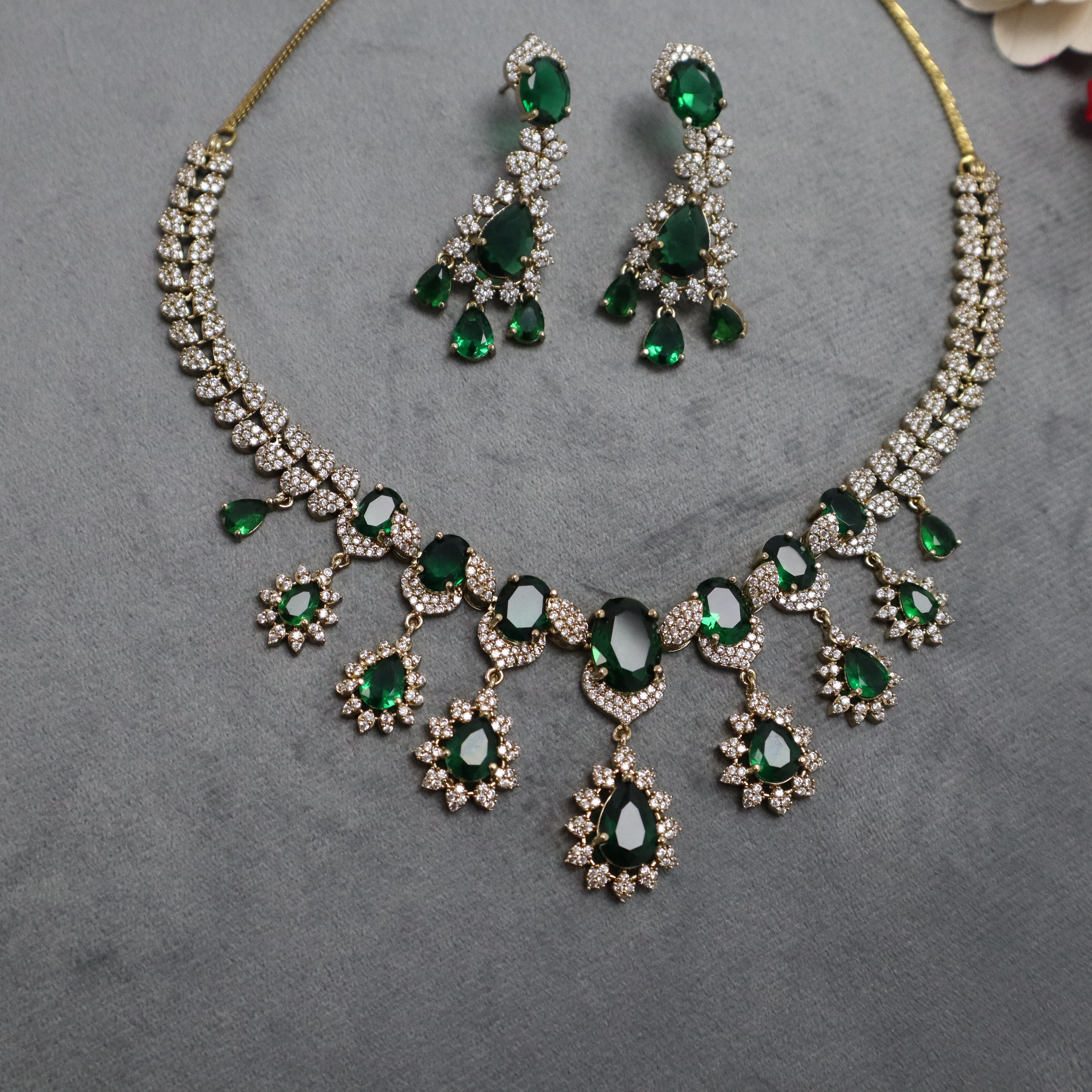 Emerald Green AD Stone Necklace Set with Earrings - Premium Mehndi Finish Jewelry for Women