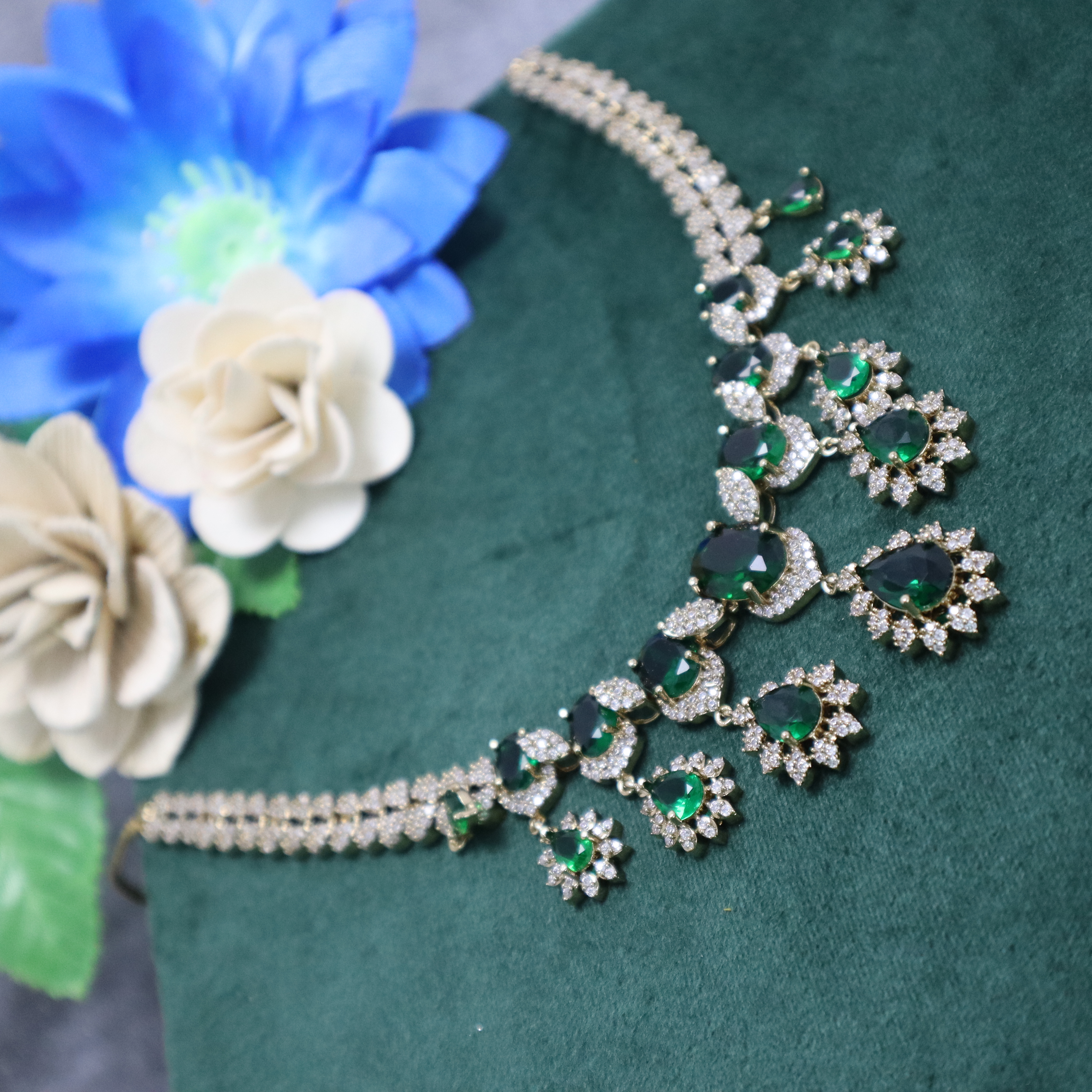 Emerald Green AD Stone Necklace Set with Earrings - Premium Mehndi Finish Jewelry for Women