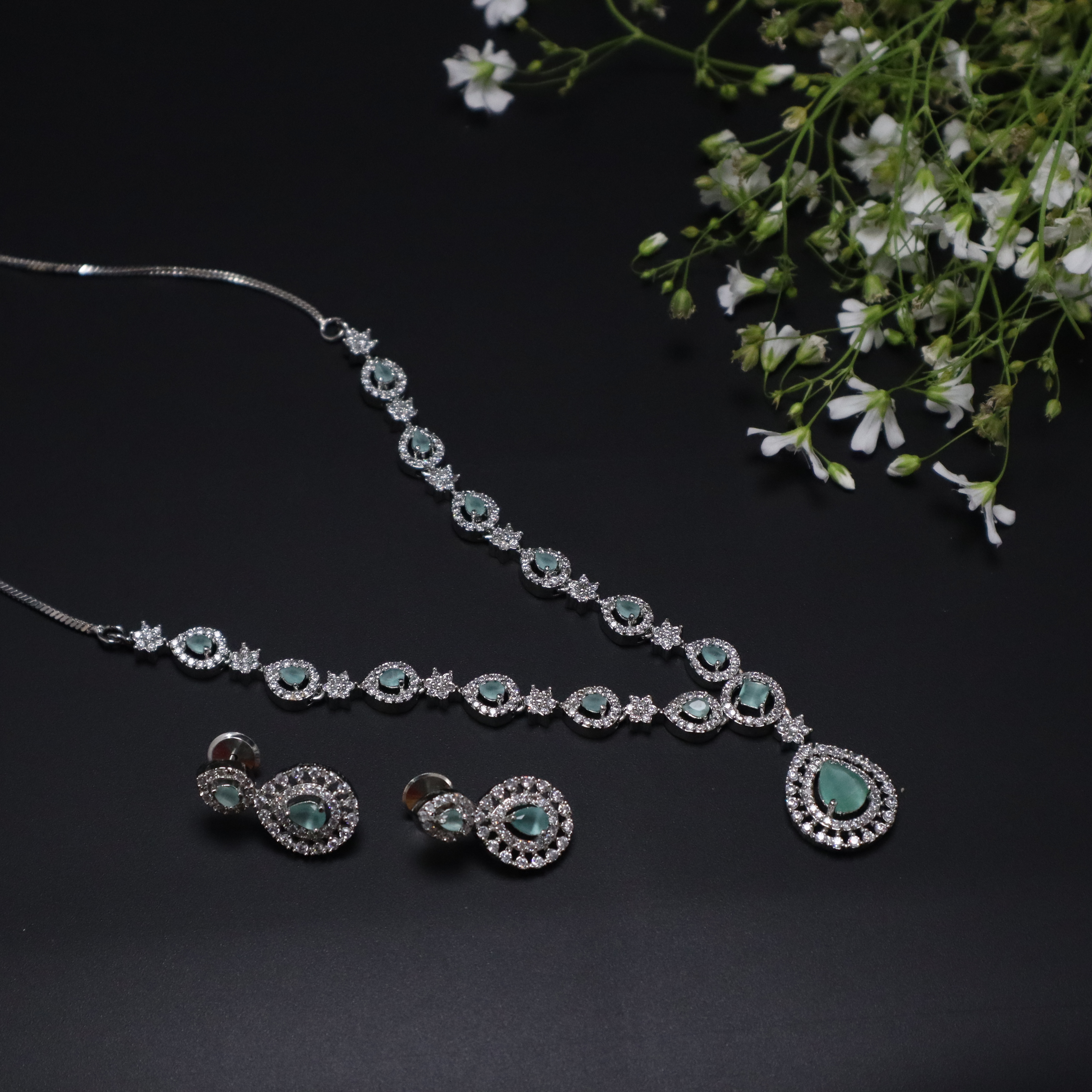 Light Green AD Stone Necklace Set with Earrings - Premium Silver Finish Jewelry for Women & Girls