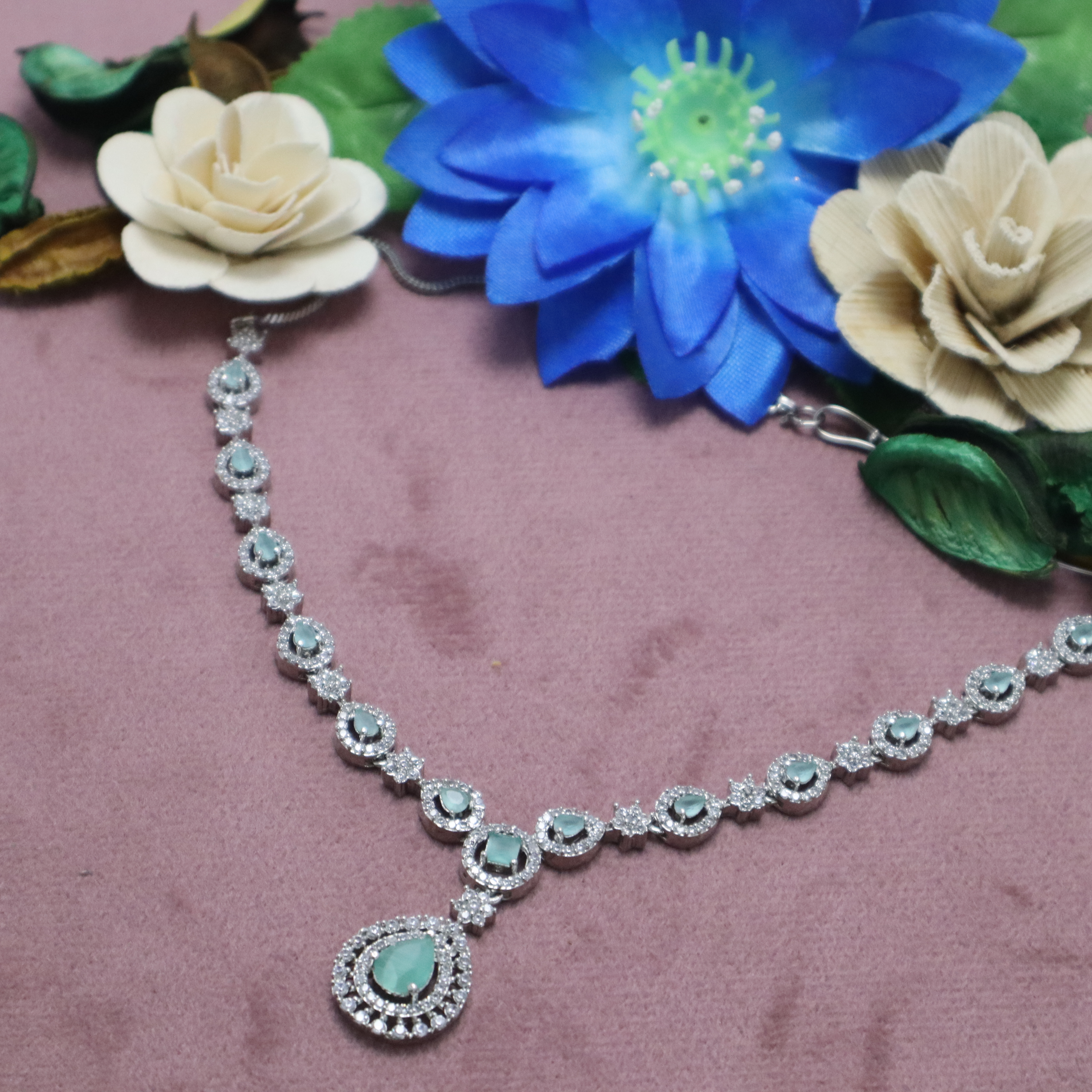 Light Green AD Stone Necklace Set with Earrings - Premium Silver Finish Jewelry for Women & Girls