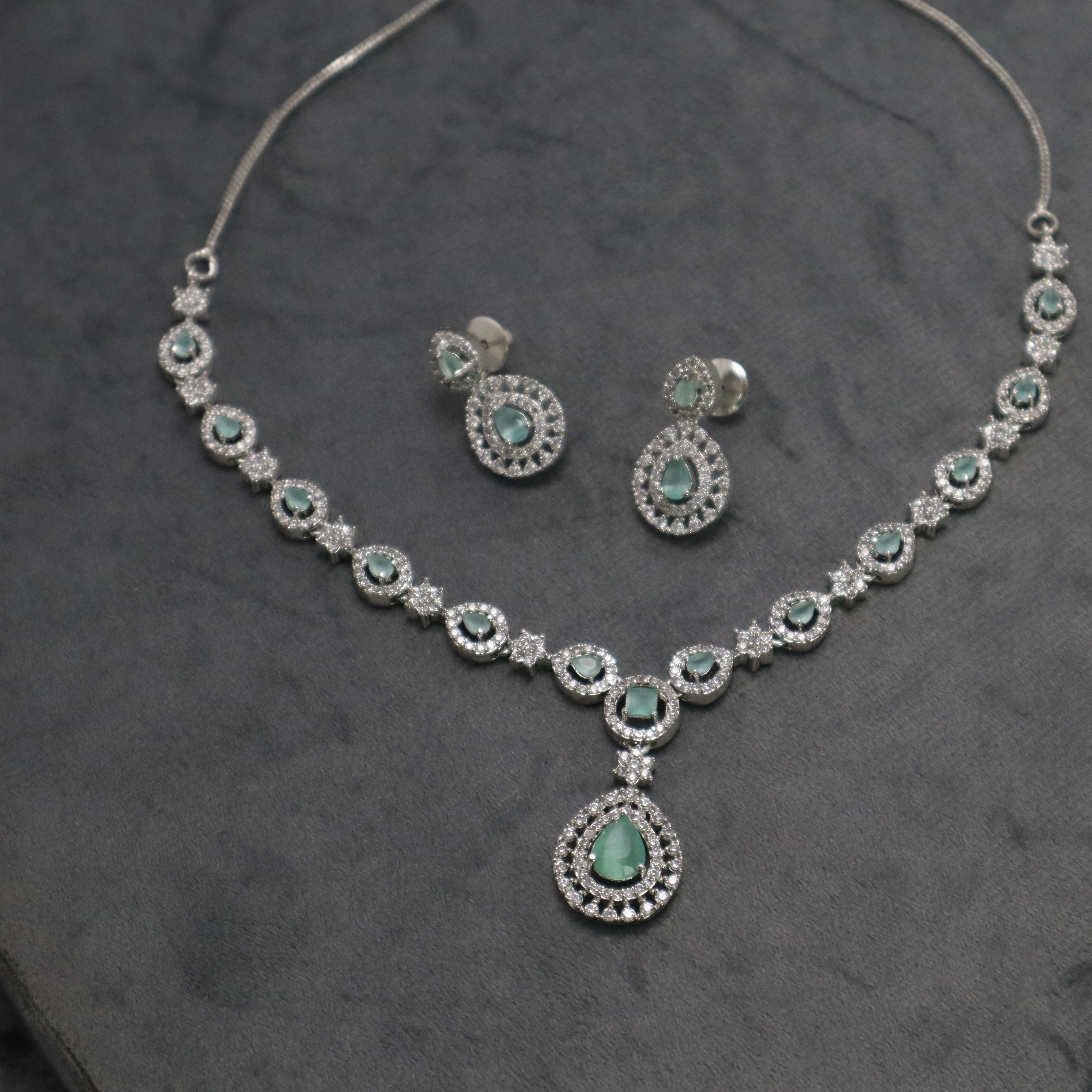 Light Green AD Stone Necklace Set with Earrings - Premium Silver Finish Jewelry for Women & Girls