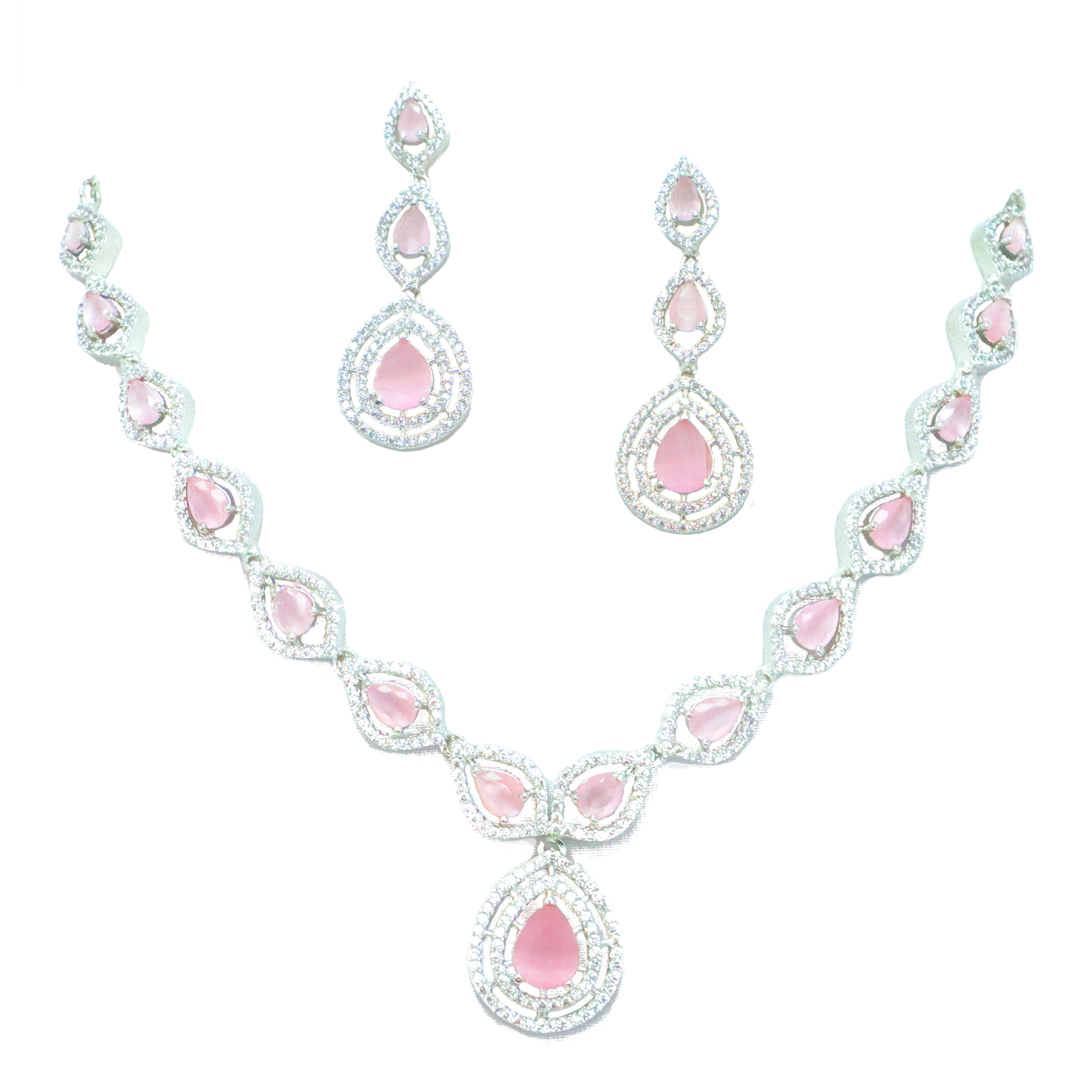 Pastel Pink Crystal Necklace Set with Earrings - Premium Silver Finish Jewelry for Women & Girls