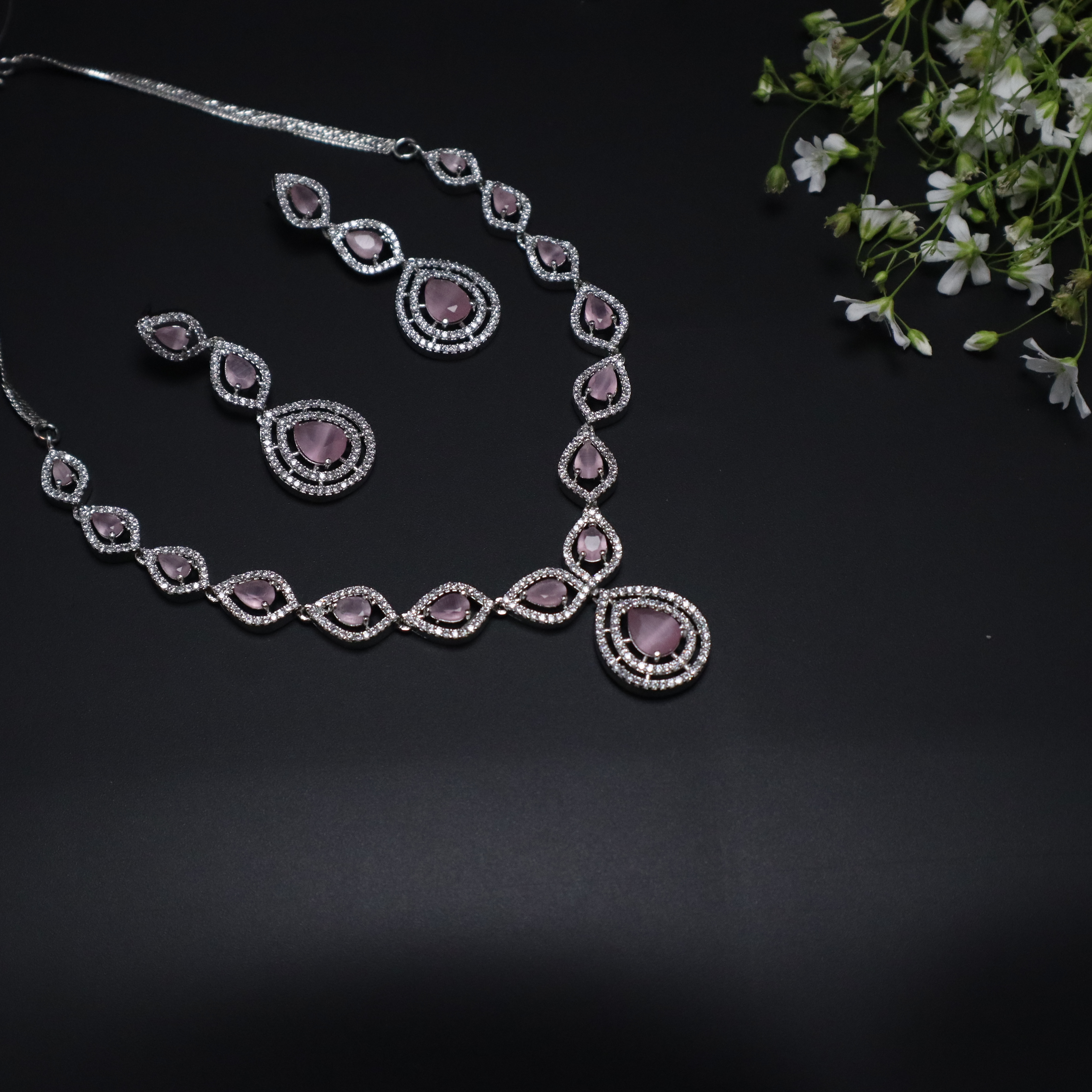 Pastel Pink Crystal Necklace Set with Earrings - Premium Silver Finish Jewelry for Women & Girls