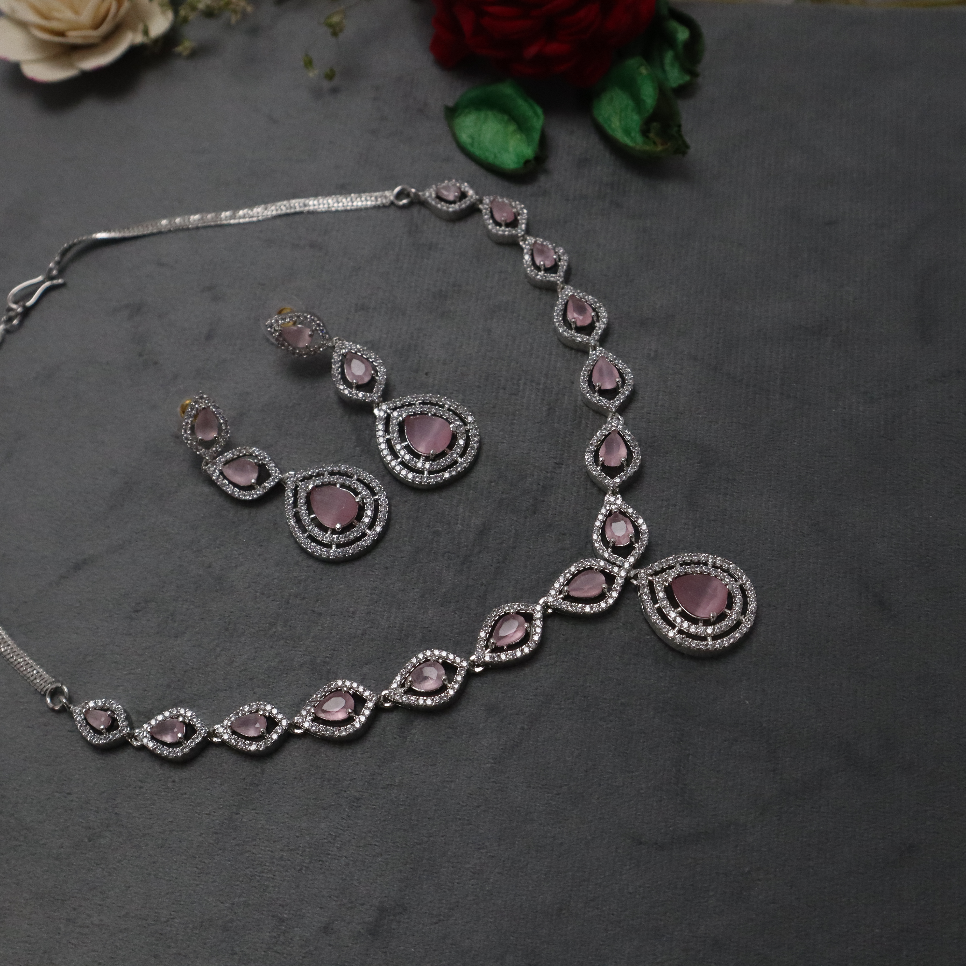 Pastel Pink Crystal Necklace Set with Earrings - Premium Silver Finish Jewelry for Women & Girls