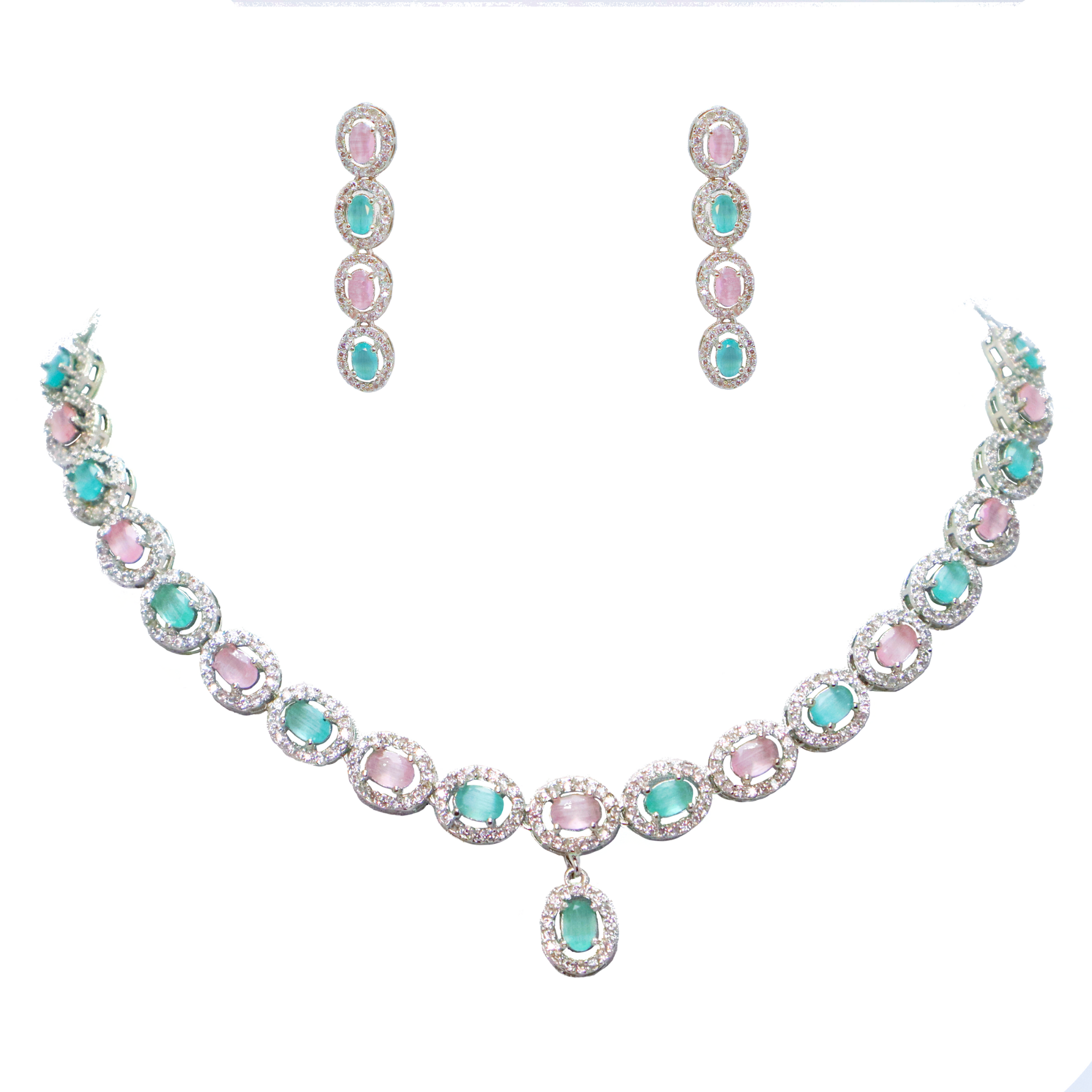 Pastel Pink & Mint Green AD Stone Necklace Set with Earrings - Premium Silver Finish Jewelry for Women & Girls
