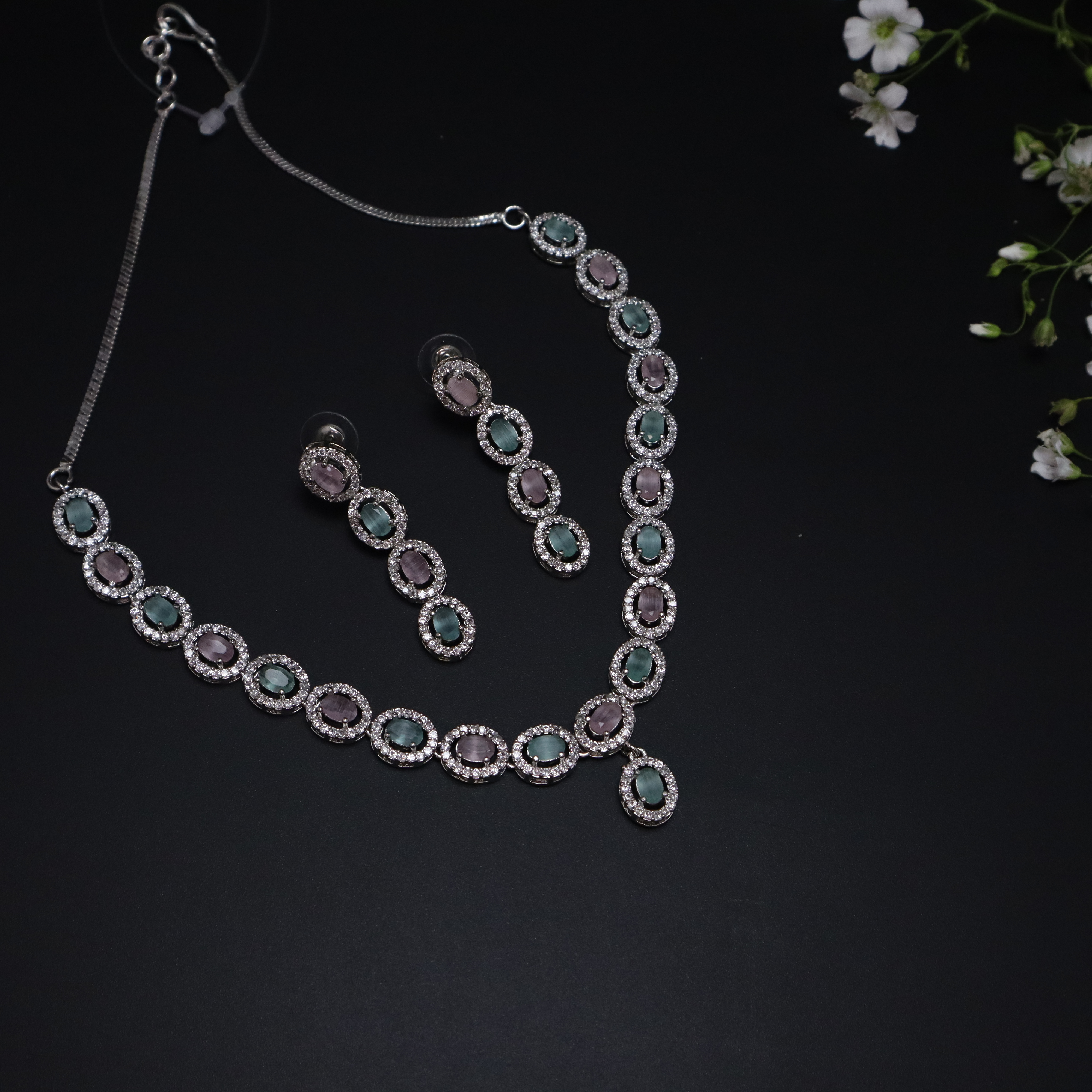 Pastel Pink & Mint Green AD Stone Necklace Set with Earrings - Premium Silver Finish Jewelry for Women & Girls