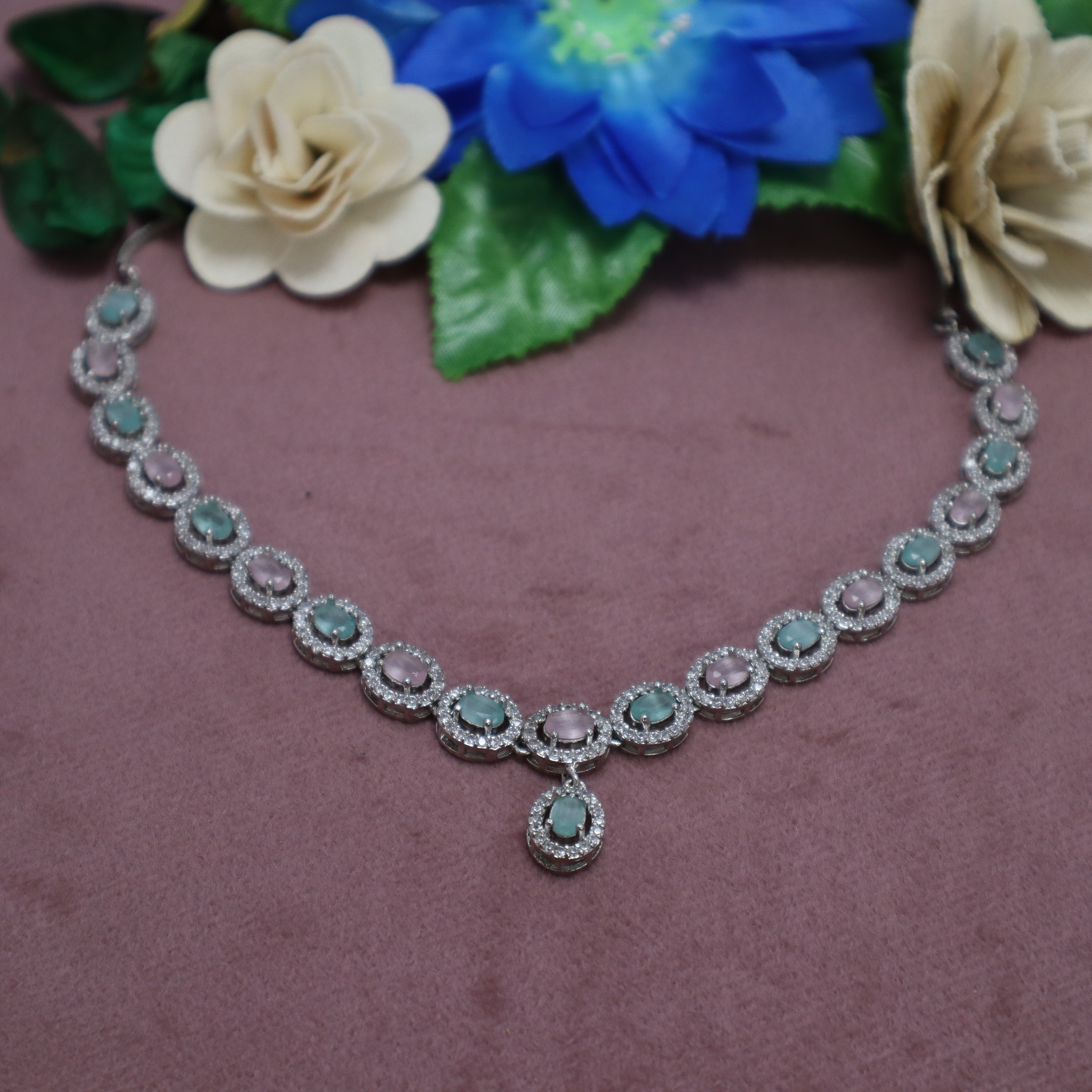 Pastel Pink & Mint Green AD Stone Necklace Set with Earrings - Premium Silver Finish Jewelry for Women & Girls