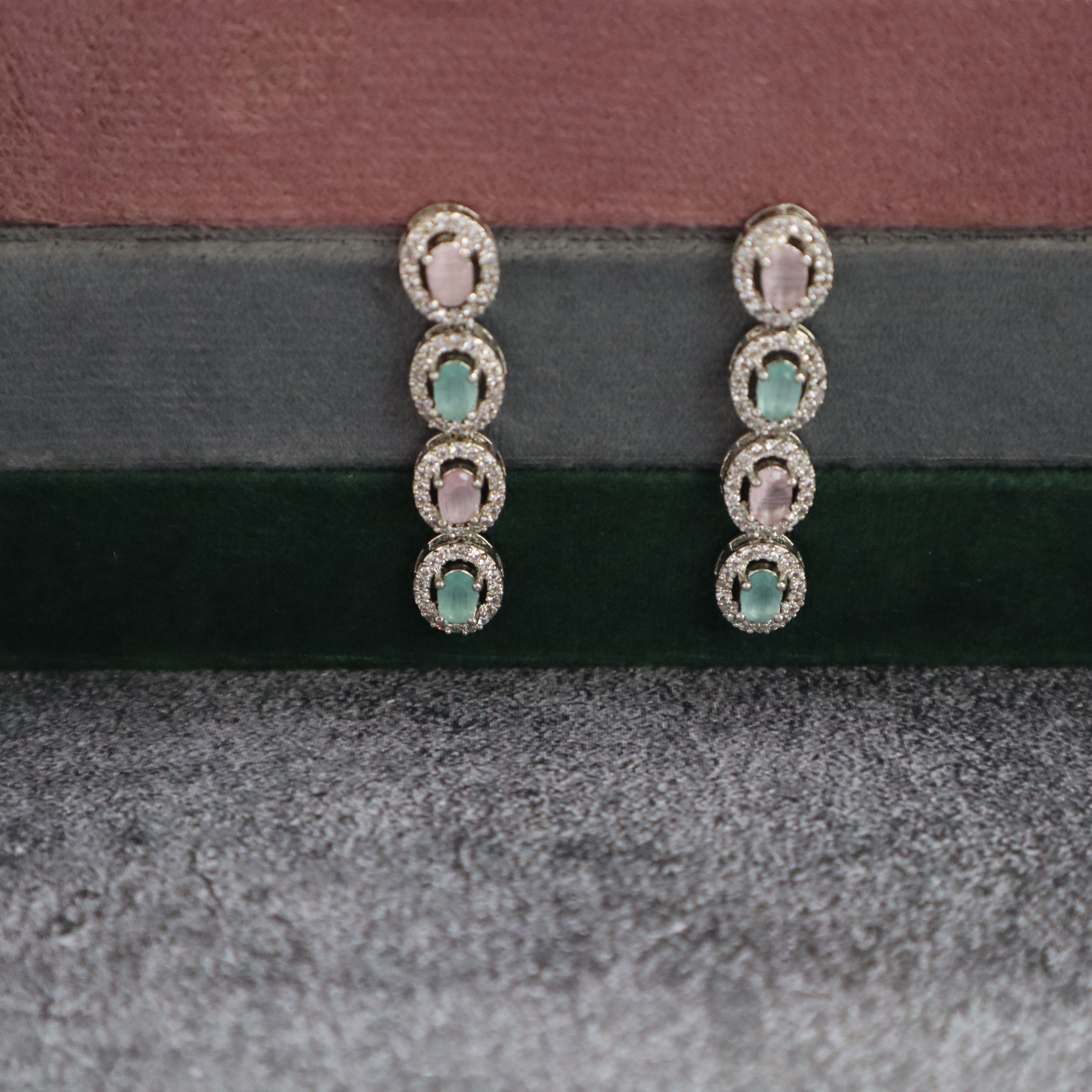 Pastel Pink & Mint Green AD Stone Necklace Set with Earrings - Premium Silver Finish Jewelry for Women & Girls