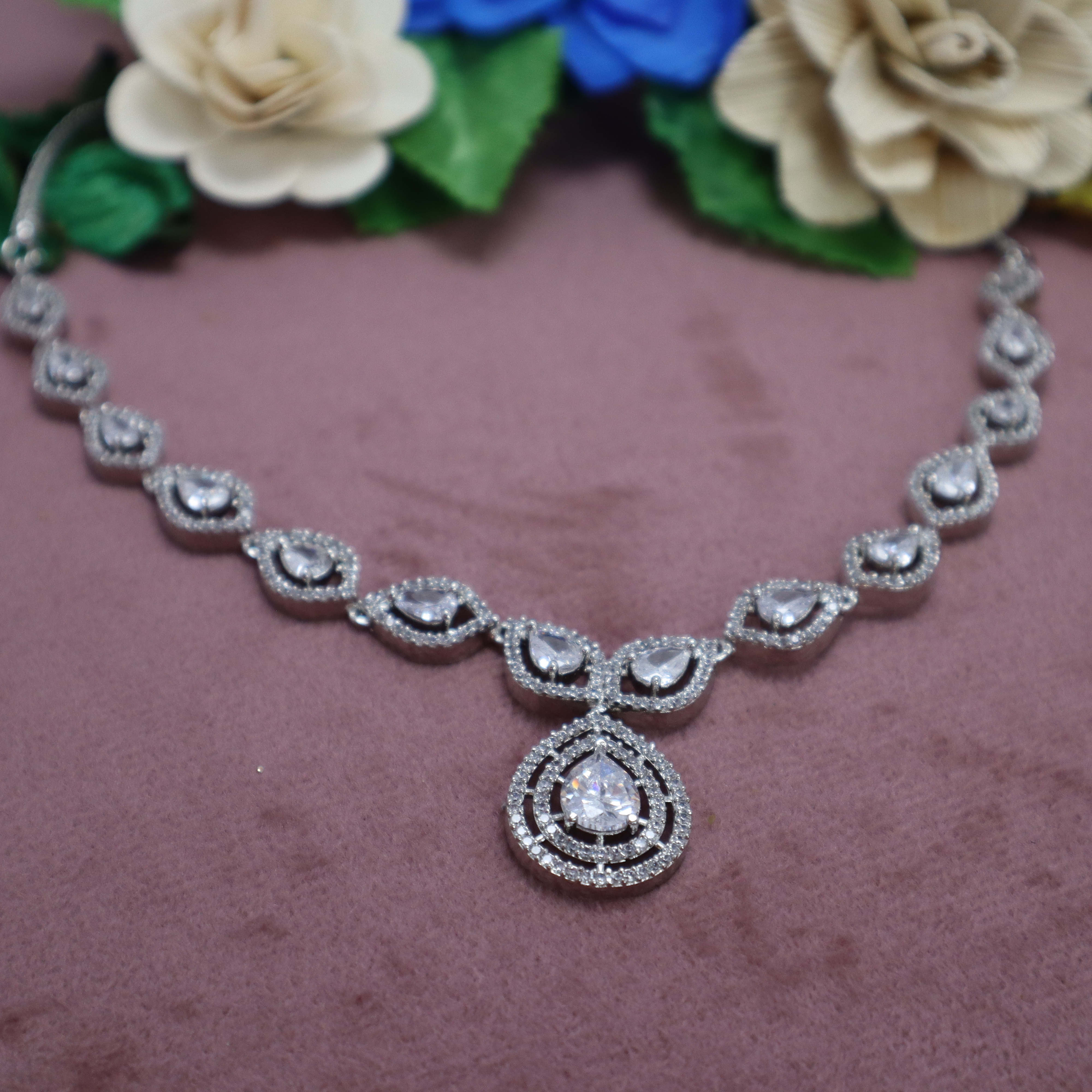 Sparkling AD Stone Necklace Set with Drop Earrings - Premium Silver Jewelry for Women & Girls