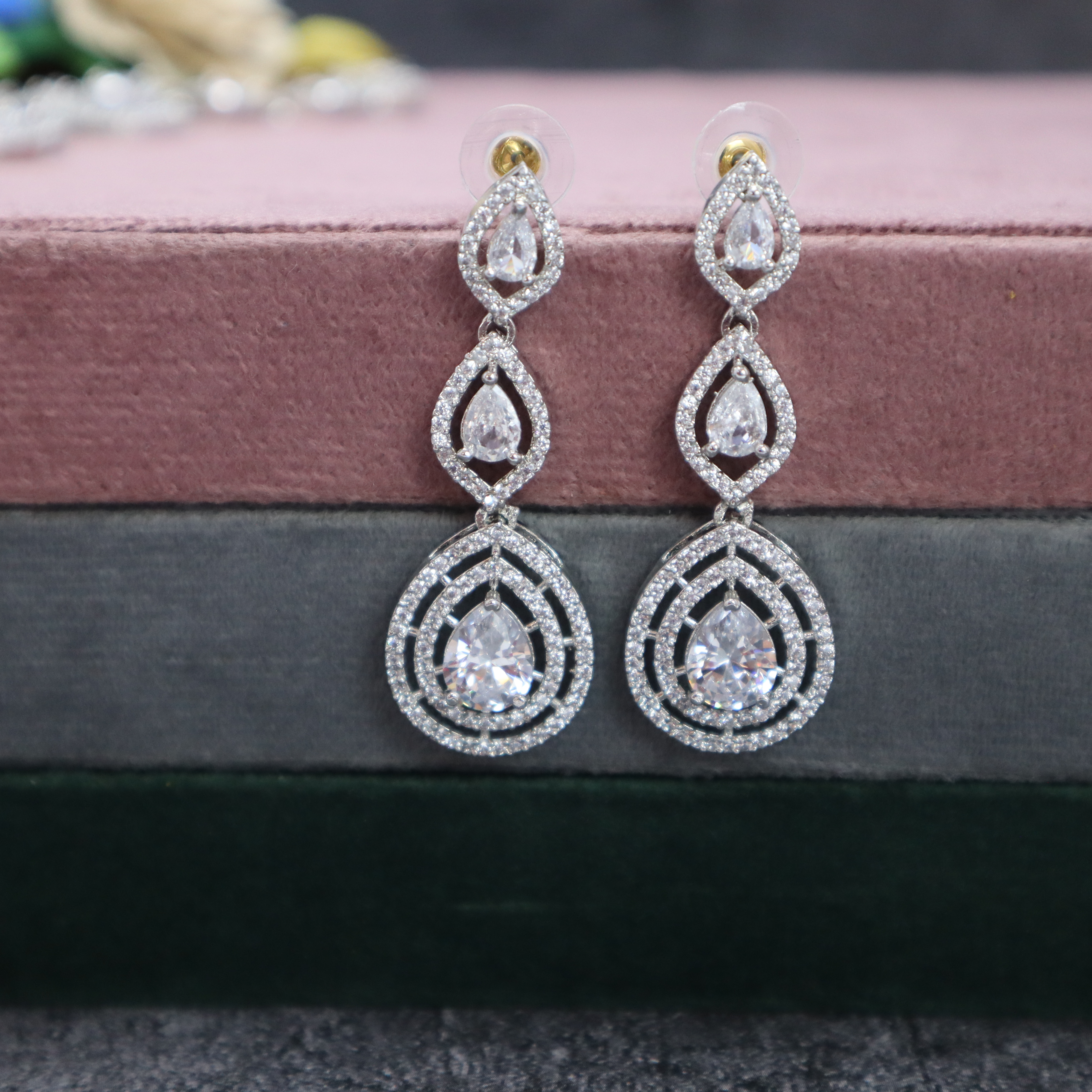 Sparkling AD Stone Necklace Set with Drop Earrings - Premium Silver Jewelry for Women & Girls