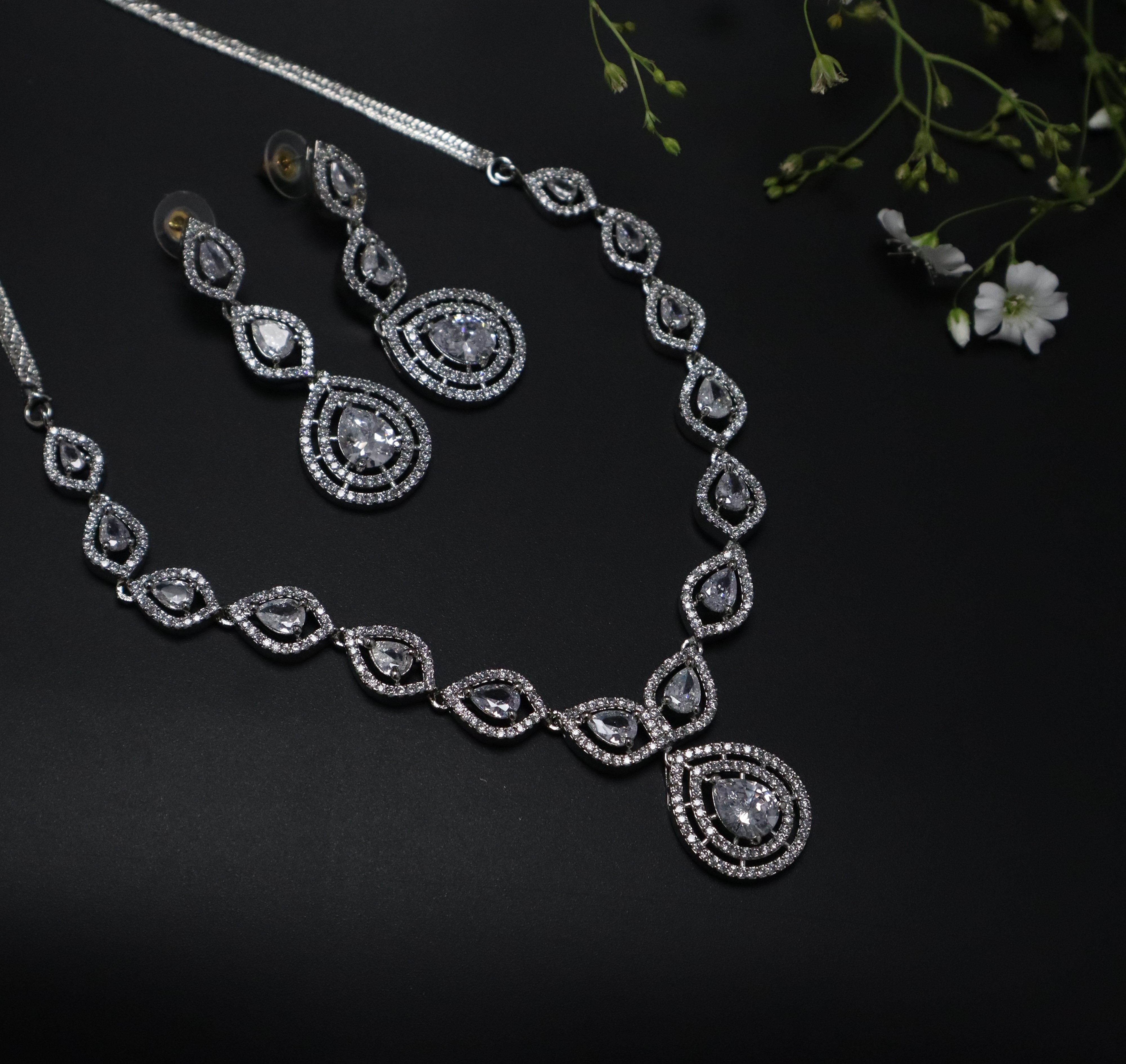 Sparkling AD Stone Necklace Set with Drop Earrings - Premium Silver Jewelry for Women & Girls