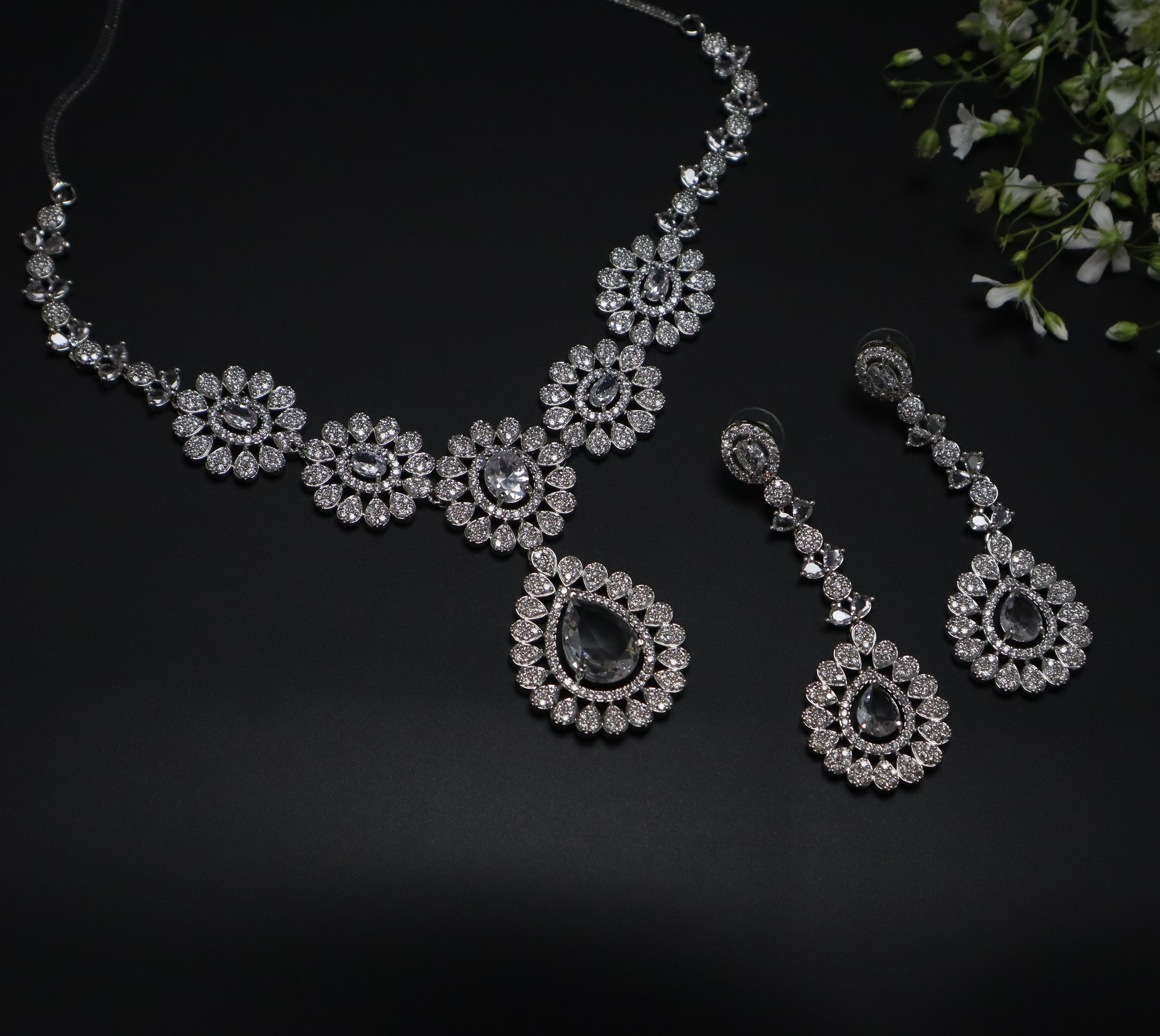 Floral American Diamond Necklace Set with Drop Earrings - Premium Silver Jewelry for Women
