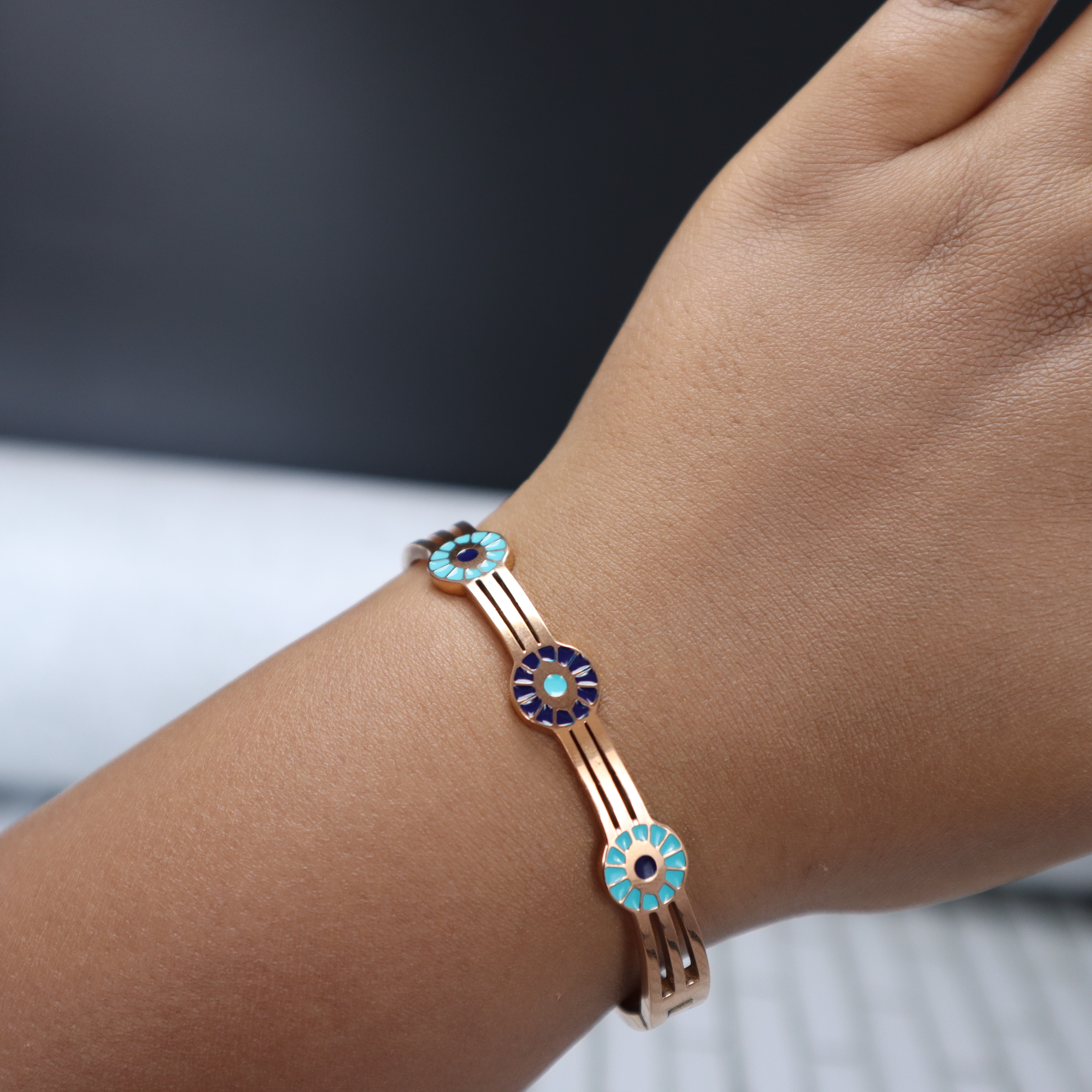 Keerthii Kalaa Rose Gold Evil Eye Bangle Bracelet for Women & Girls - Anti-Tarnish, Free Size, Side Open