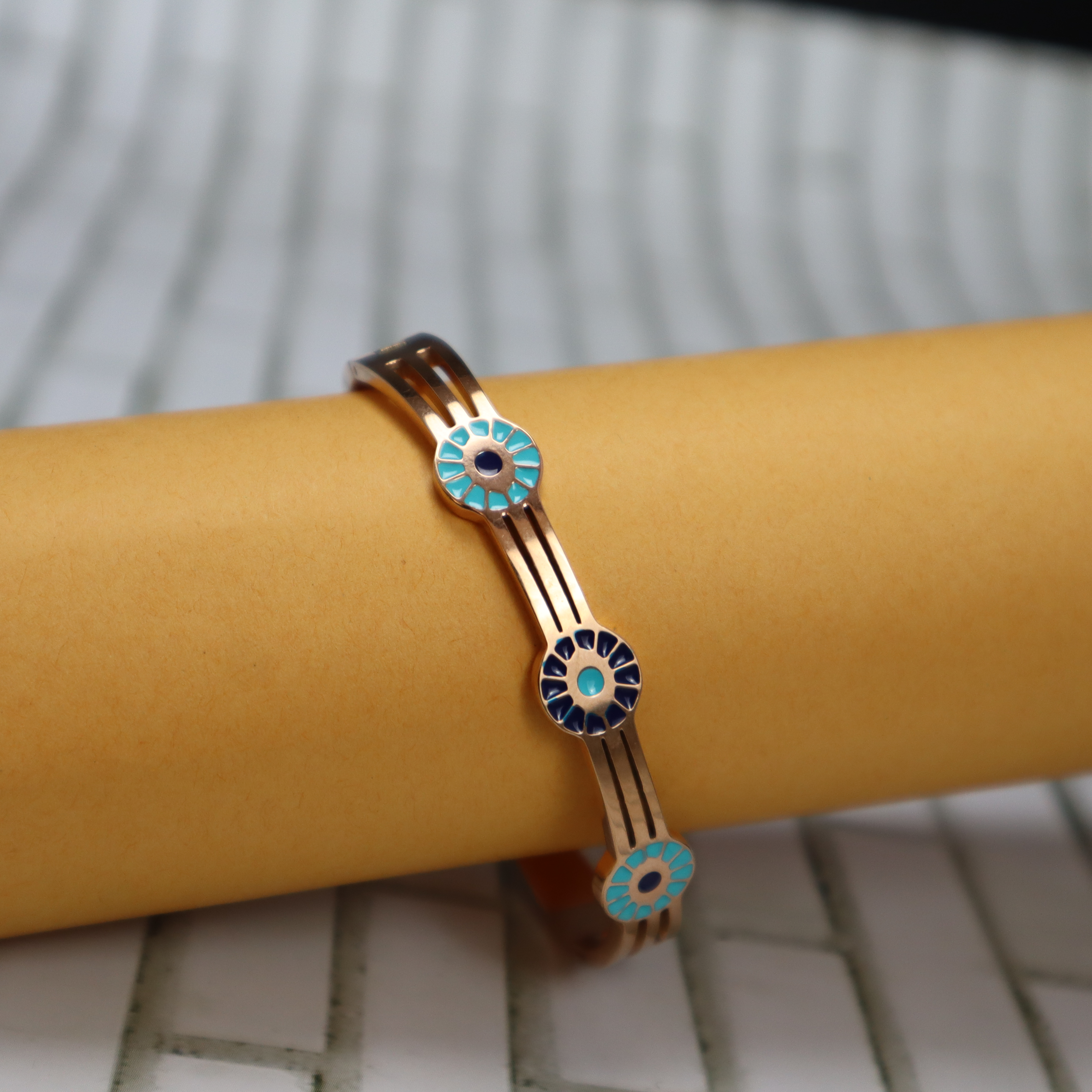 Keerthii Kalaa Rose Gold Evil Eye Bangle Bracelet for Women & Girls - Anti-Tarnish, Free Size, Side Open