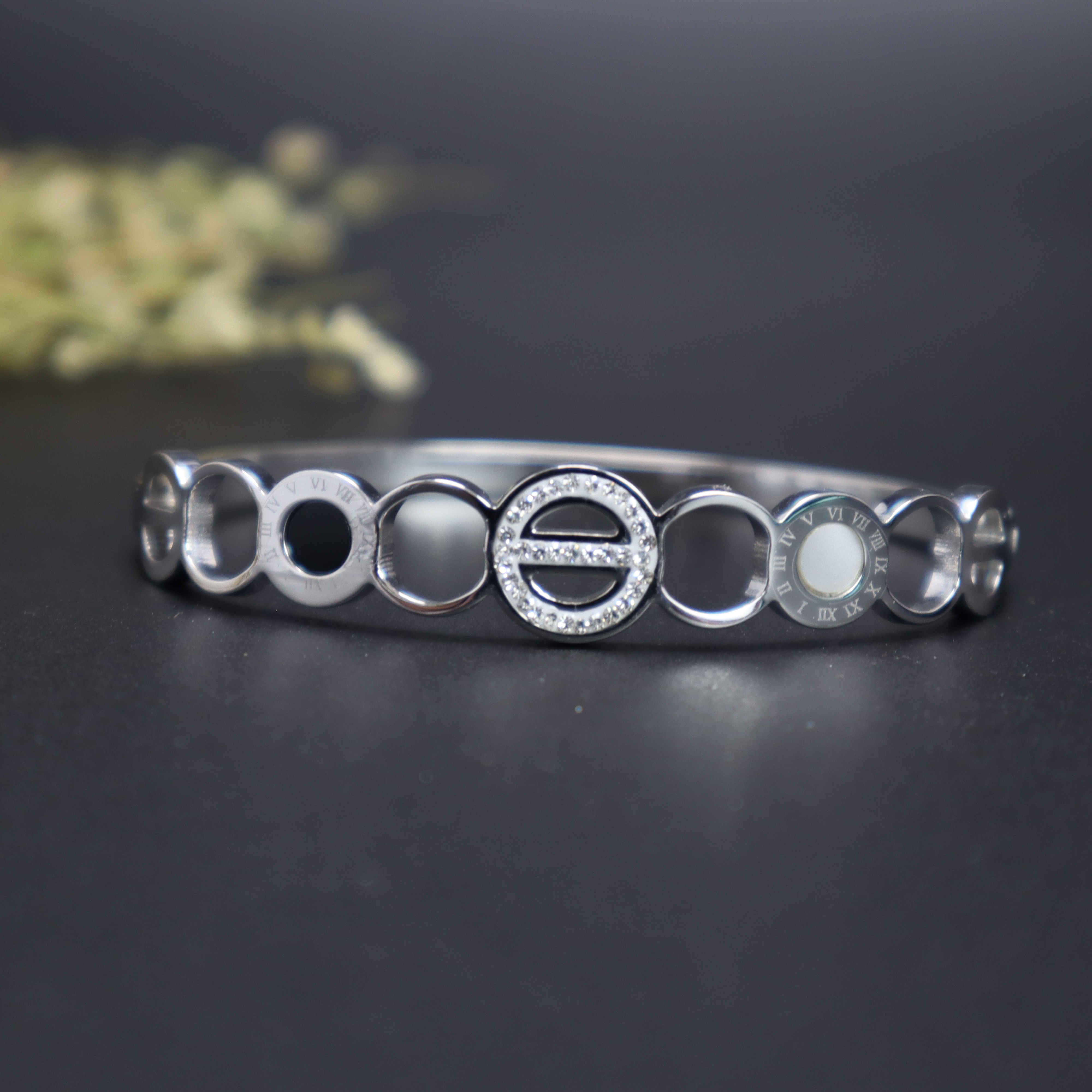 Keerthii Kalaa Modern Circle & Roman Numeral Bracelet for Women & Girls - Silver Anti-Tarnish Bangle, Free Size