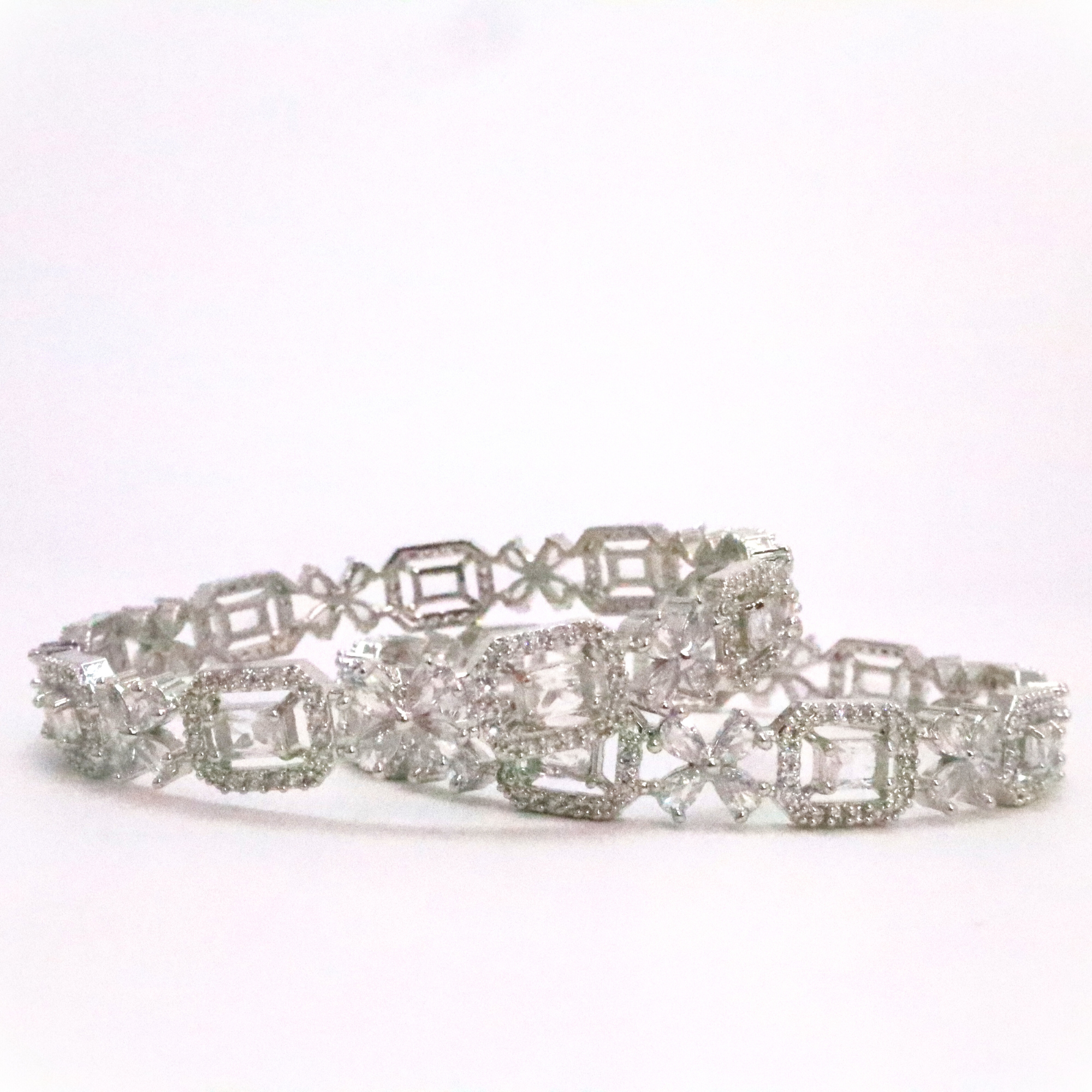 Geometric AD Stone Bangle Set of 2 for Women - Premium Silver Bangles for Party & Wedding