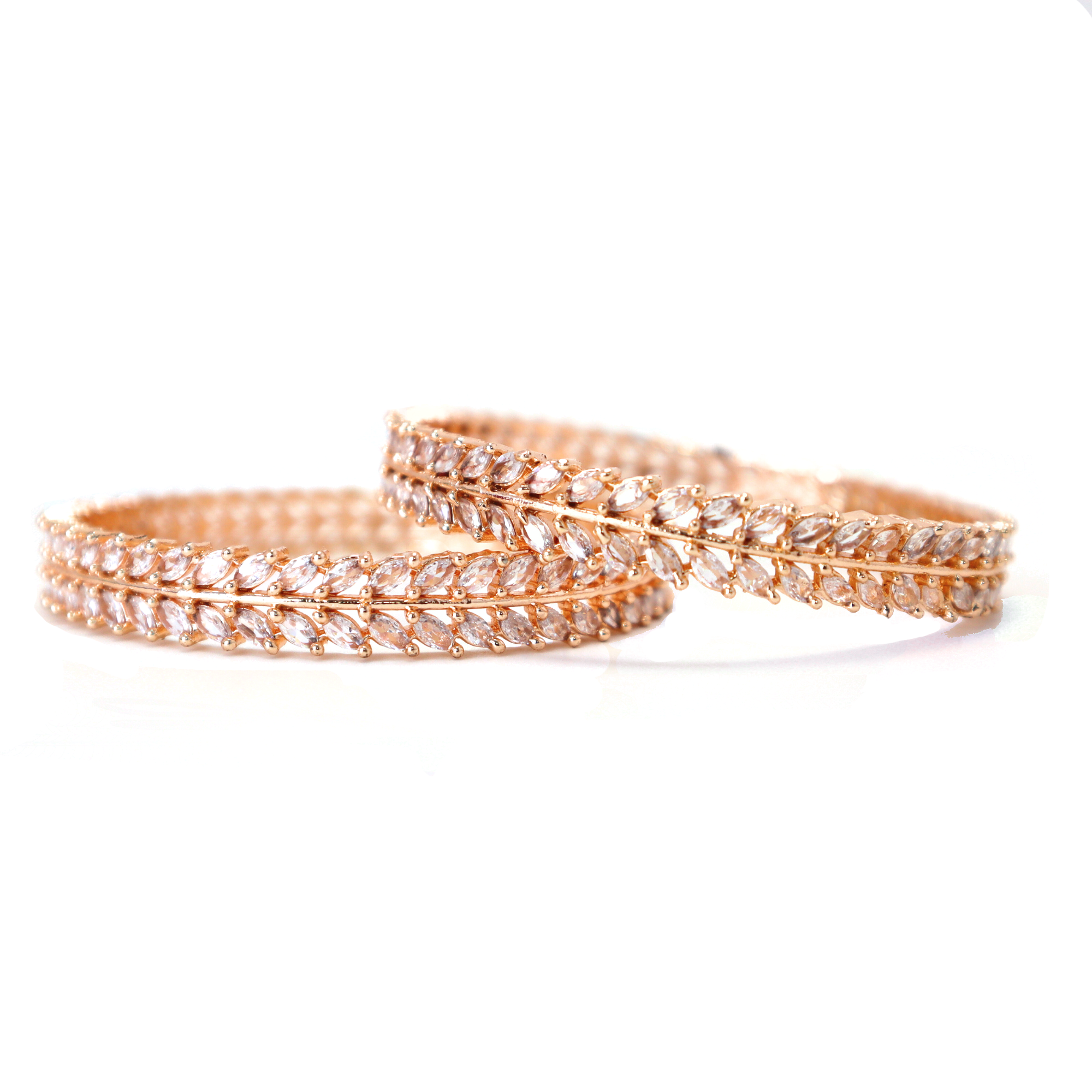 Keerthii Kalaa Leaf Design AD Stone Bangle Set of 2 for Women - Premium Rose Gold Bangles for Party & Wedding