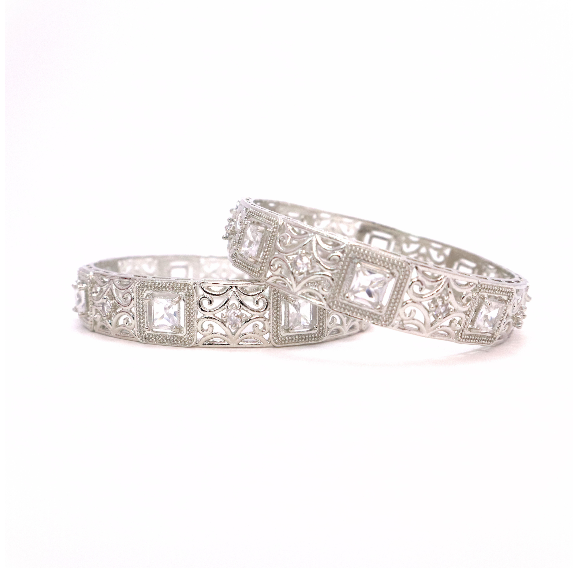 Geometric AD Stone Bangle Set of 2 for Women - Premium Silver Bangles for Party & Wedding