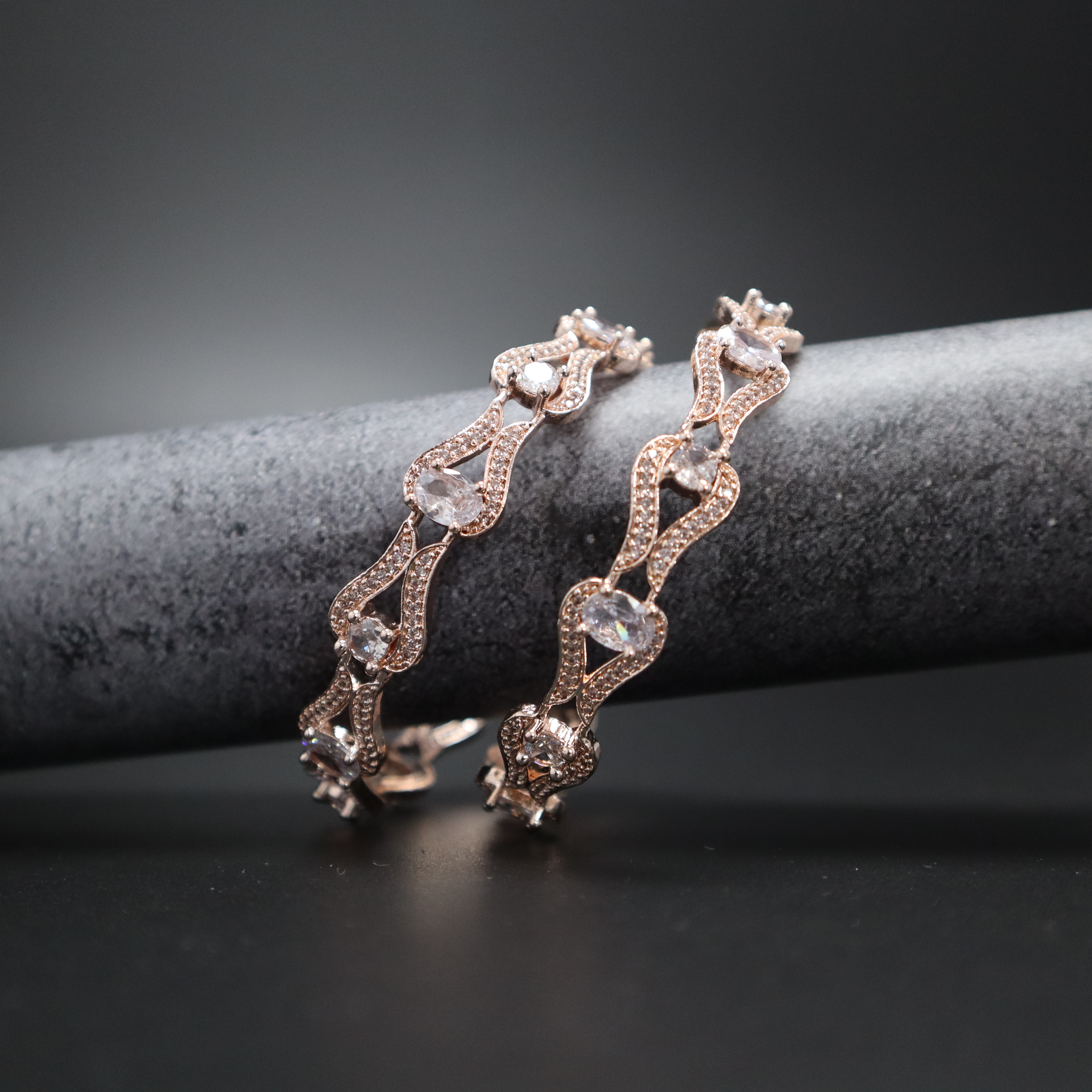 Keerthii Kalaa Pear & Round AD Stone Bangle Set of 2 for Women - Premium Rose Gold Bangles for Party & Wedding