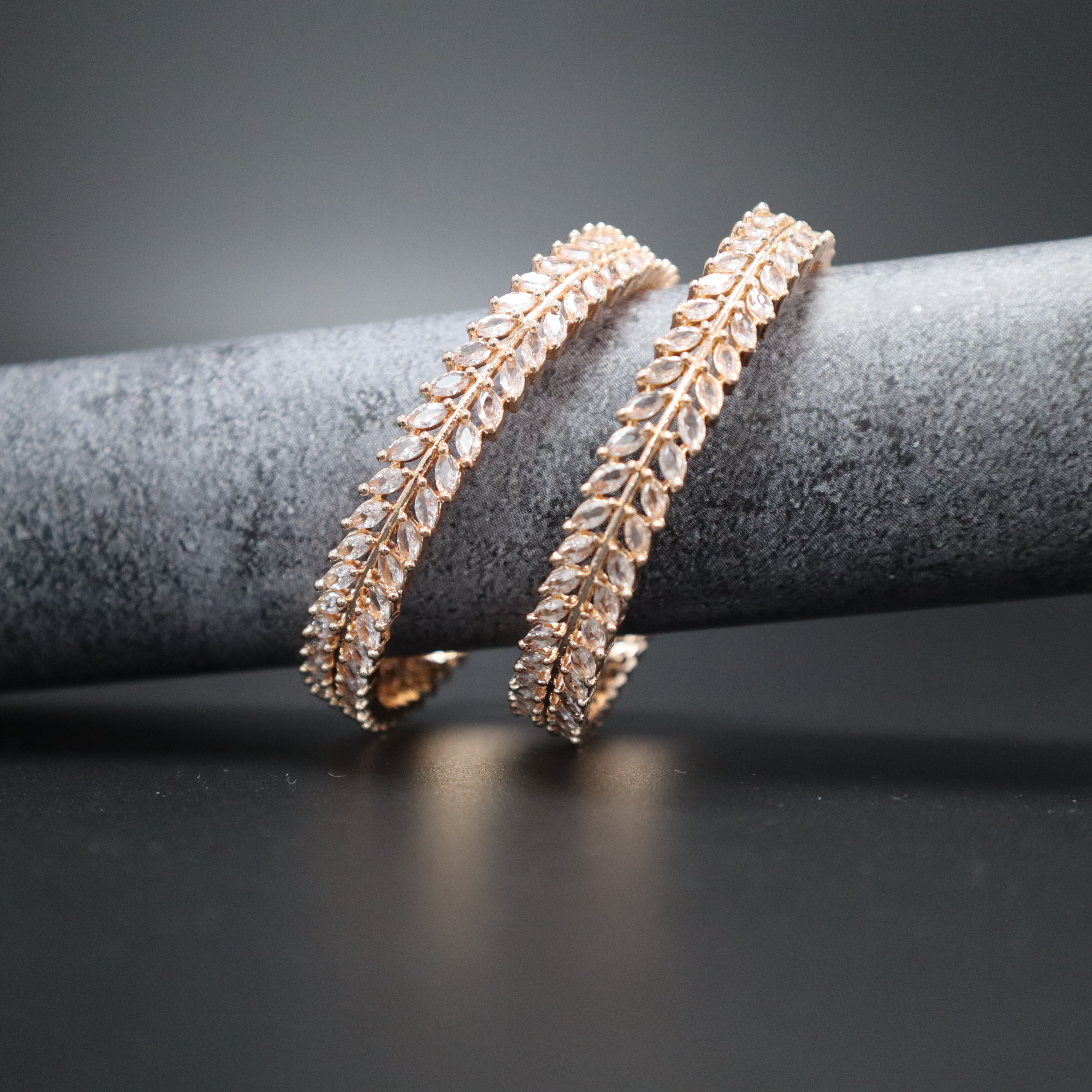 Keerthii Kalaa Leaf Design AD Stone Bangle Set of 2 for Women - Premium Rose Gold Bangles for Party & Wedding