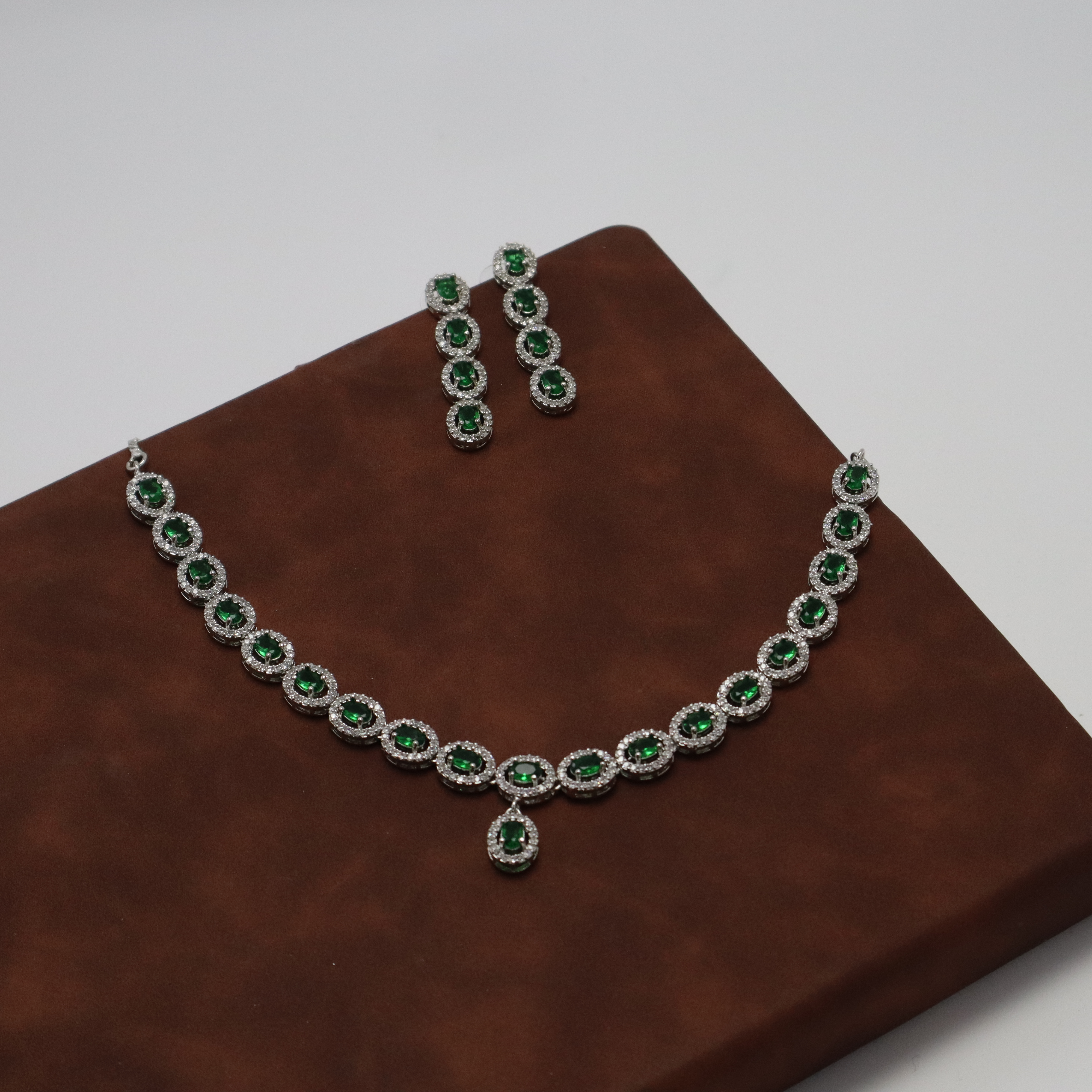 Green AD Stone Necklace Set with Earrings - Premium Silver Finish Jewelry for Women & Girls