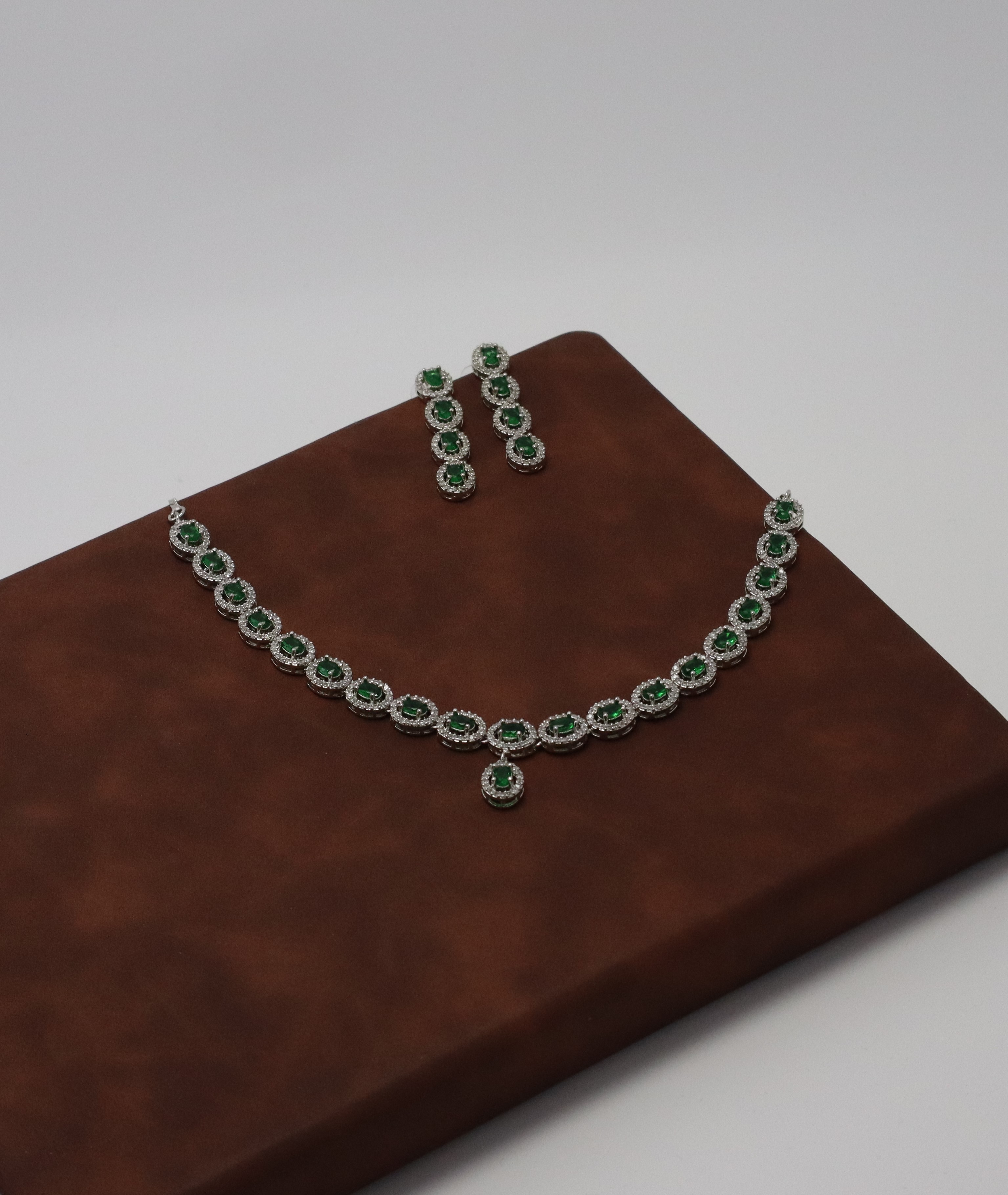 Green AD Stone Necklace Set with Earrings - Premium Silver Finish Jewelry for Women & Girls