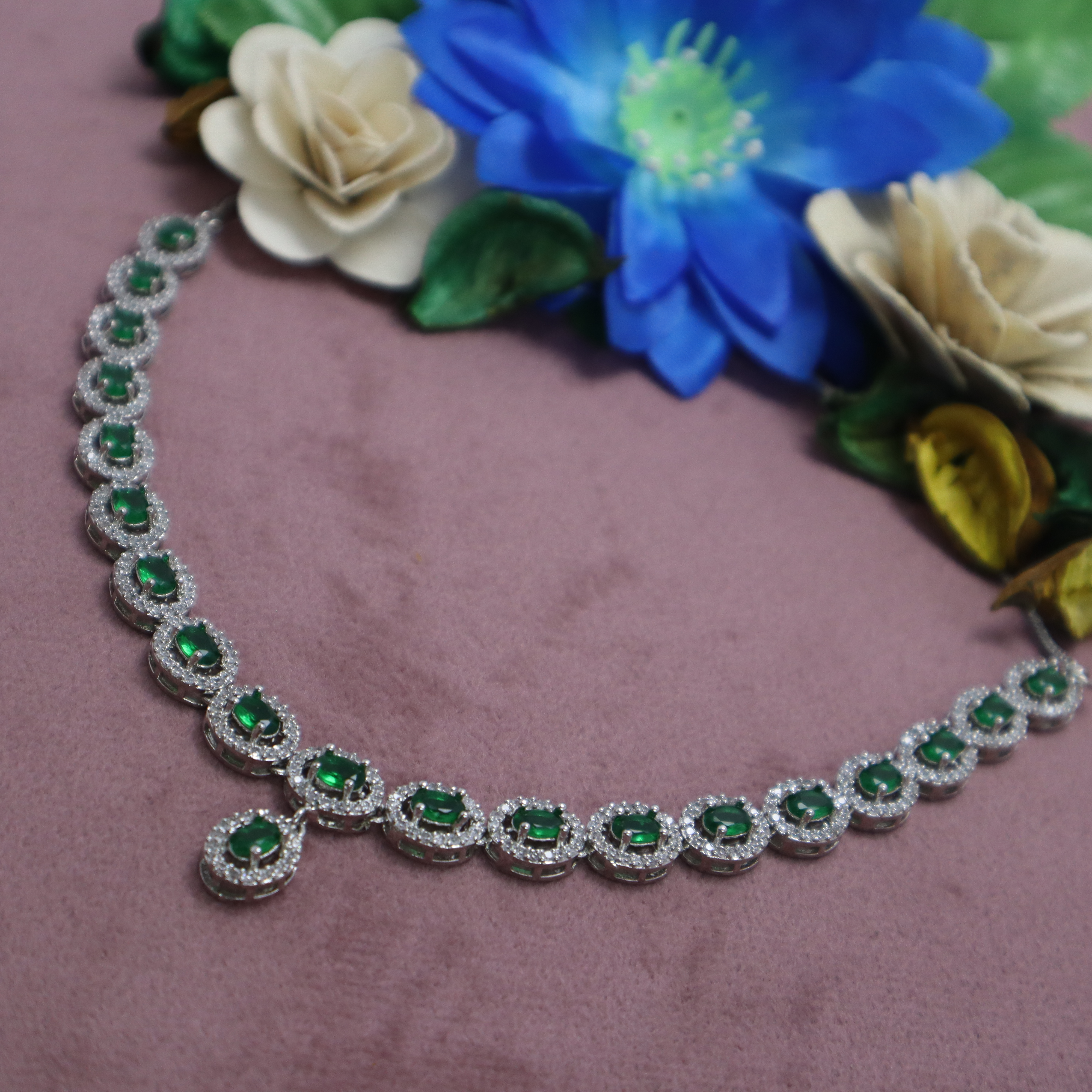 Green AD Stone Necklace Set with Earrings - Premium Silver Finish Jewelry for Women & Girls