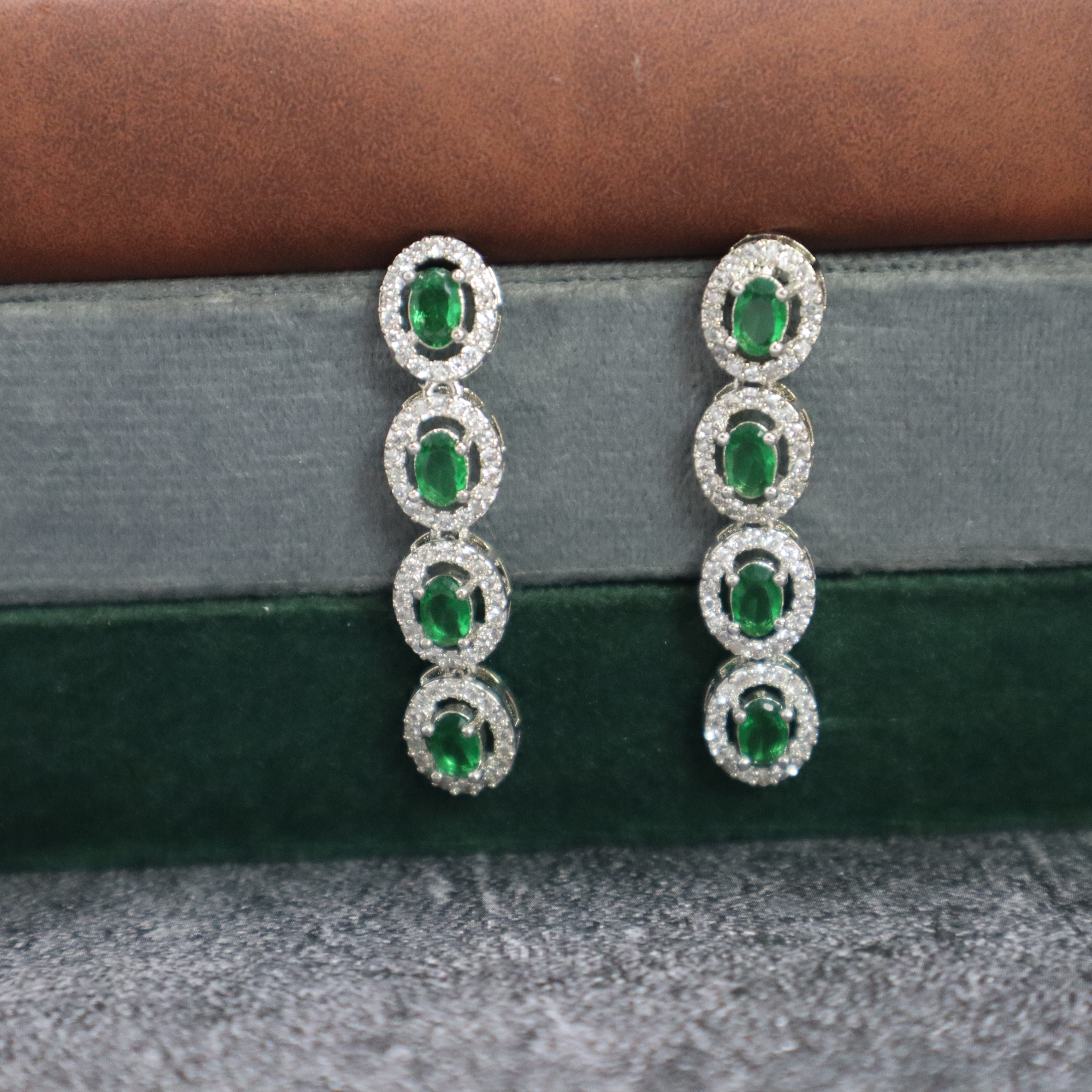 Green AD Stone Necklace Set with Earrings - Premium Silver Finish Jewelry for Women & Girls