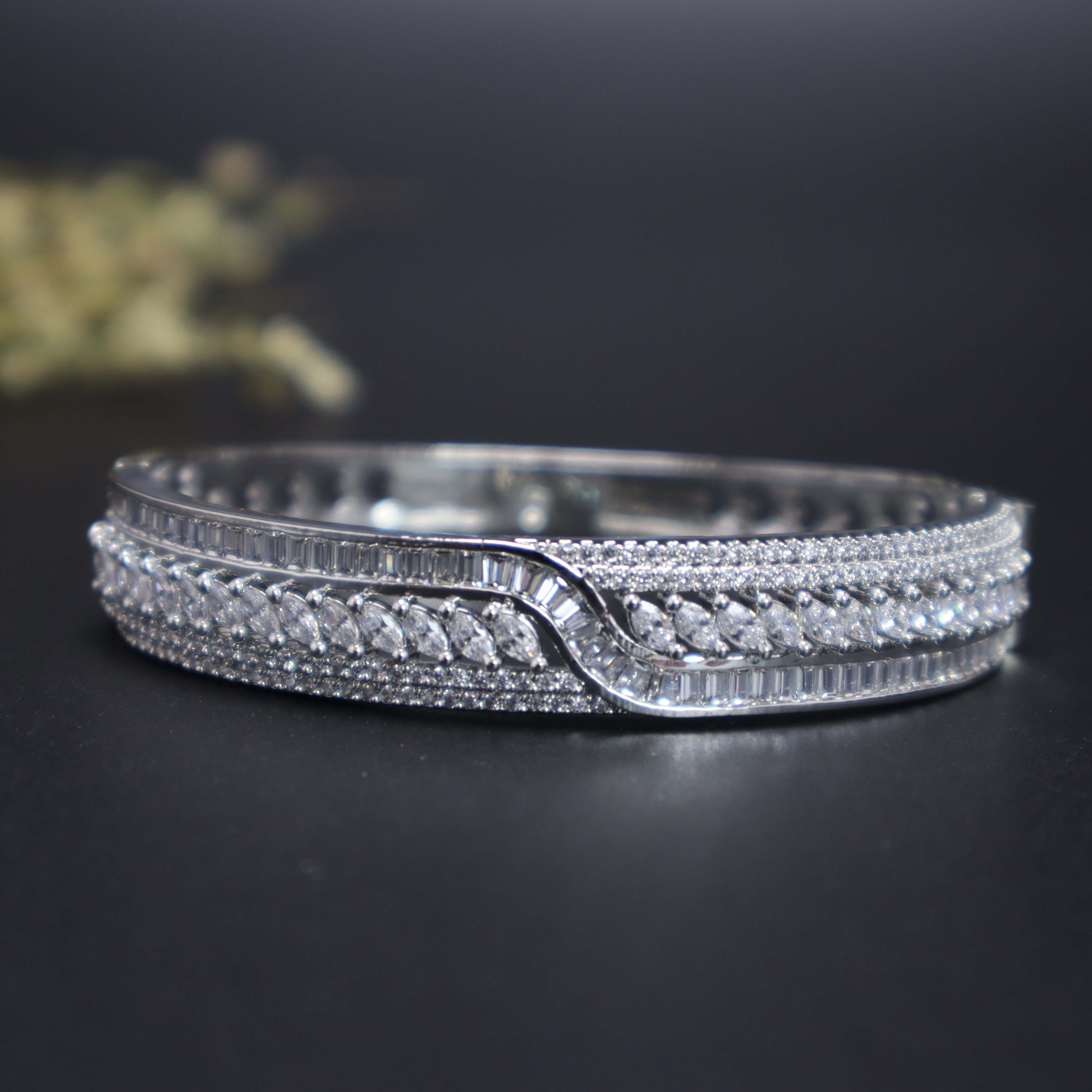 Keerthii Kalaa Wave Design AD Stone Bracelet for Women & Girls - Sparkling Silver Bangle, Side Open, Free Size