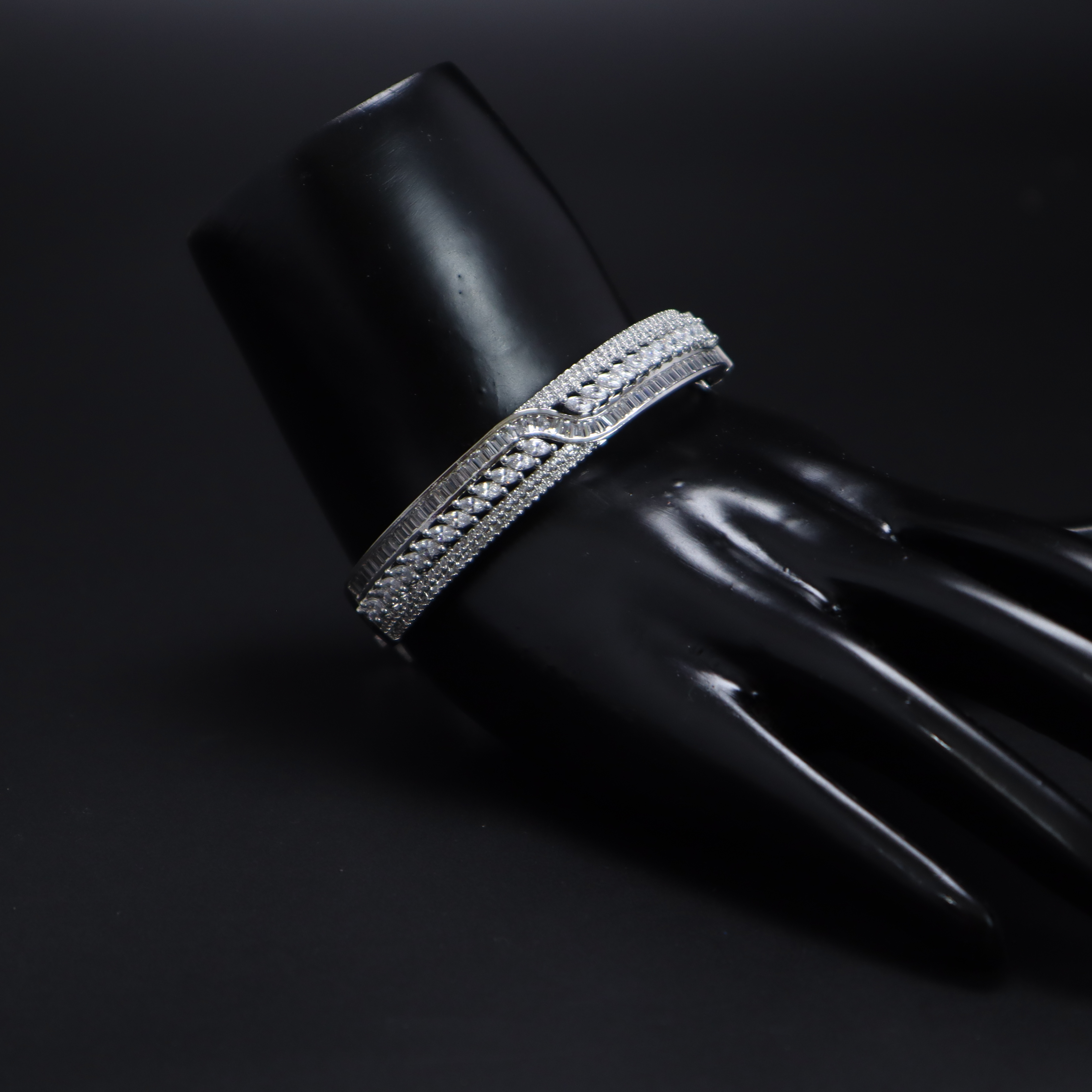 Keerthii Kalaa Wave Design AD Stone Bracelet for Women & Girls - Sparkling Silver Bangle, Side Open, Free Size