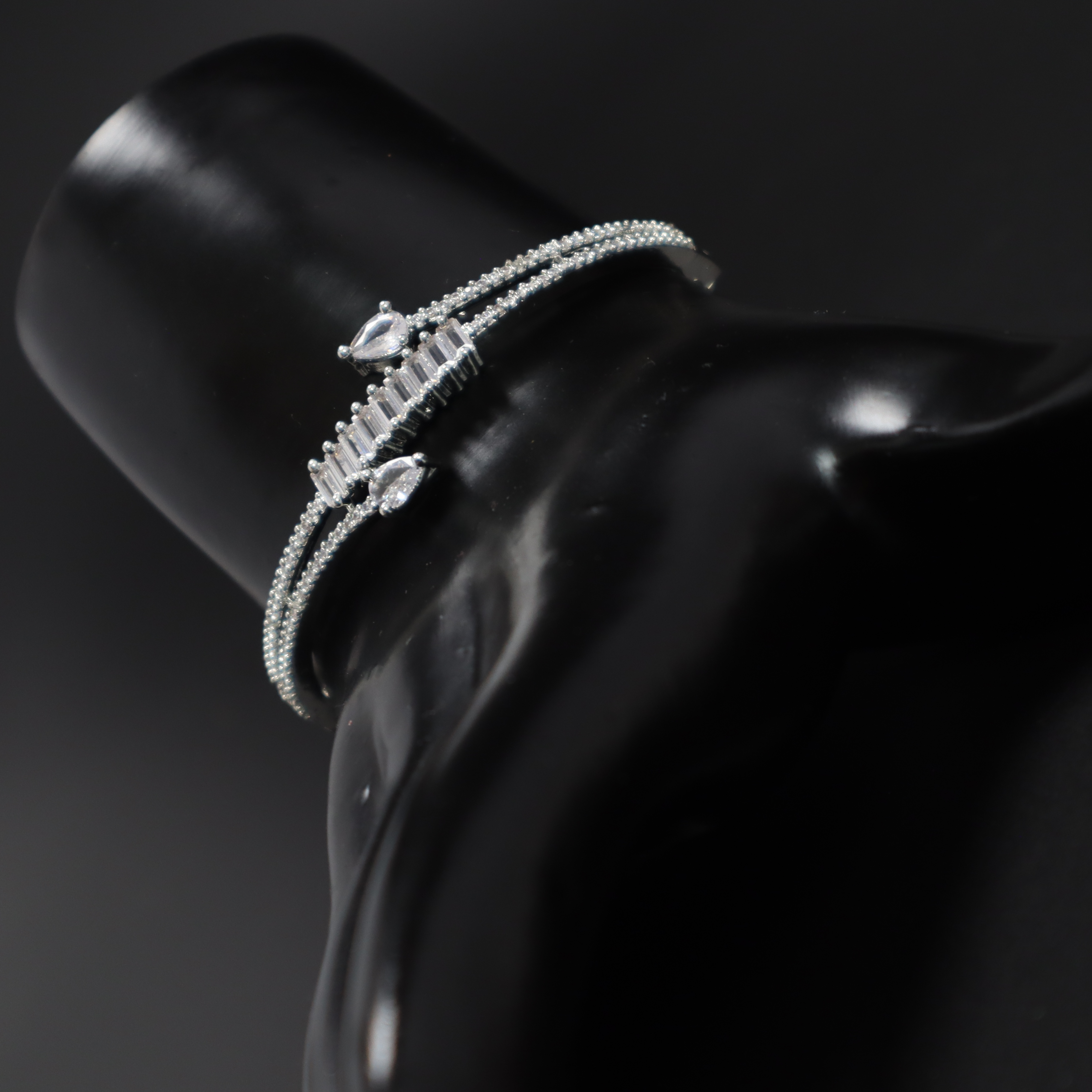 Keerthii Kalaa Baguette & Pear AD Stone Bracelet for Women & Girls - Sparkling Silver Bangle, Side Open, Free Size