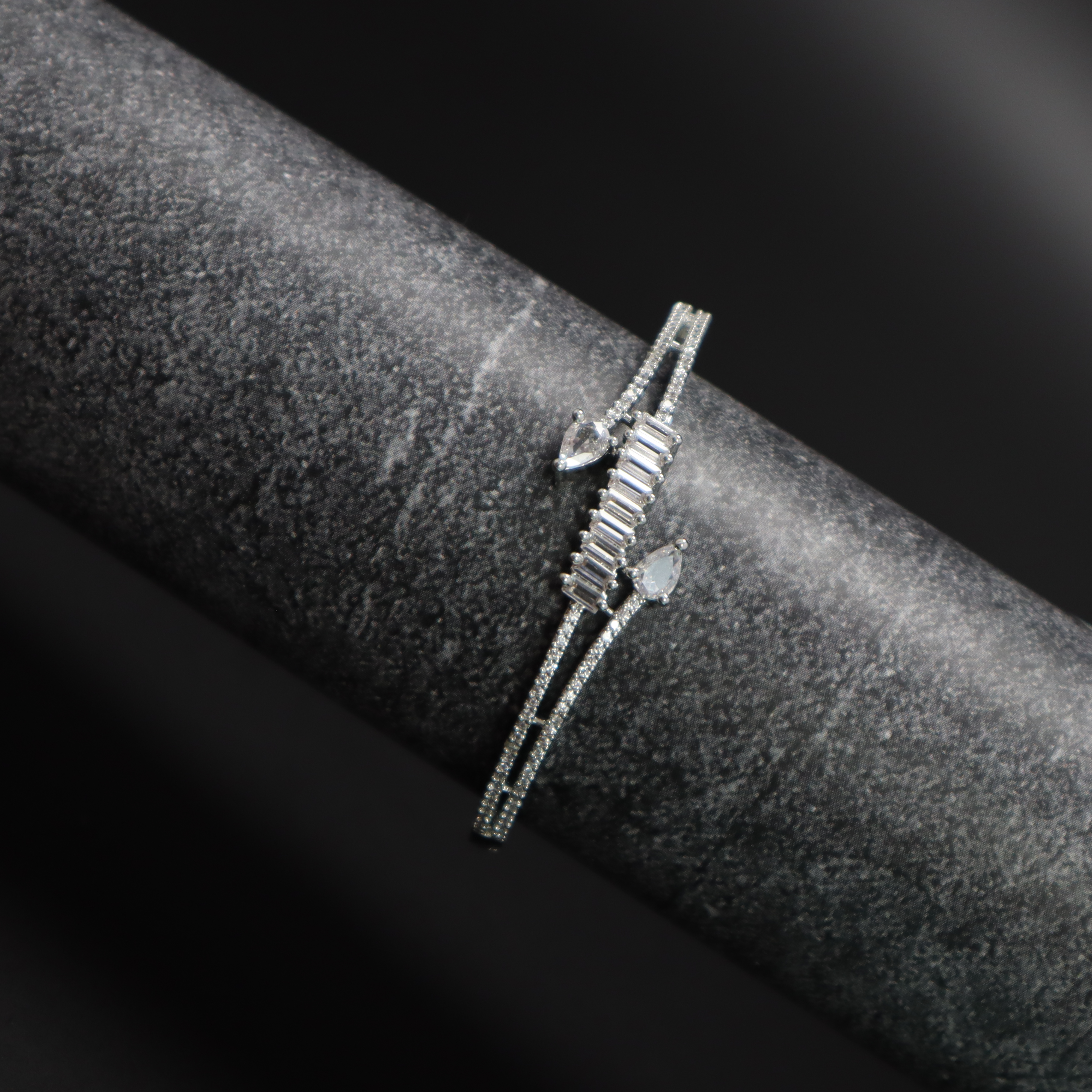 Keerthii Kalaa Baguette & Pear AD Stone Bracelet for Women & Girls - Sparkling Silver Bangle, Side Open, Free Size
